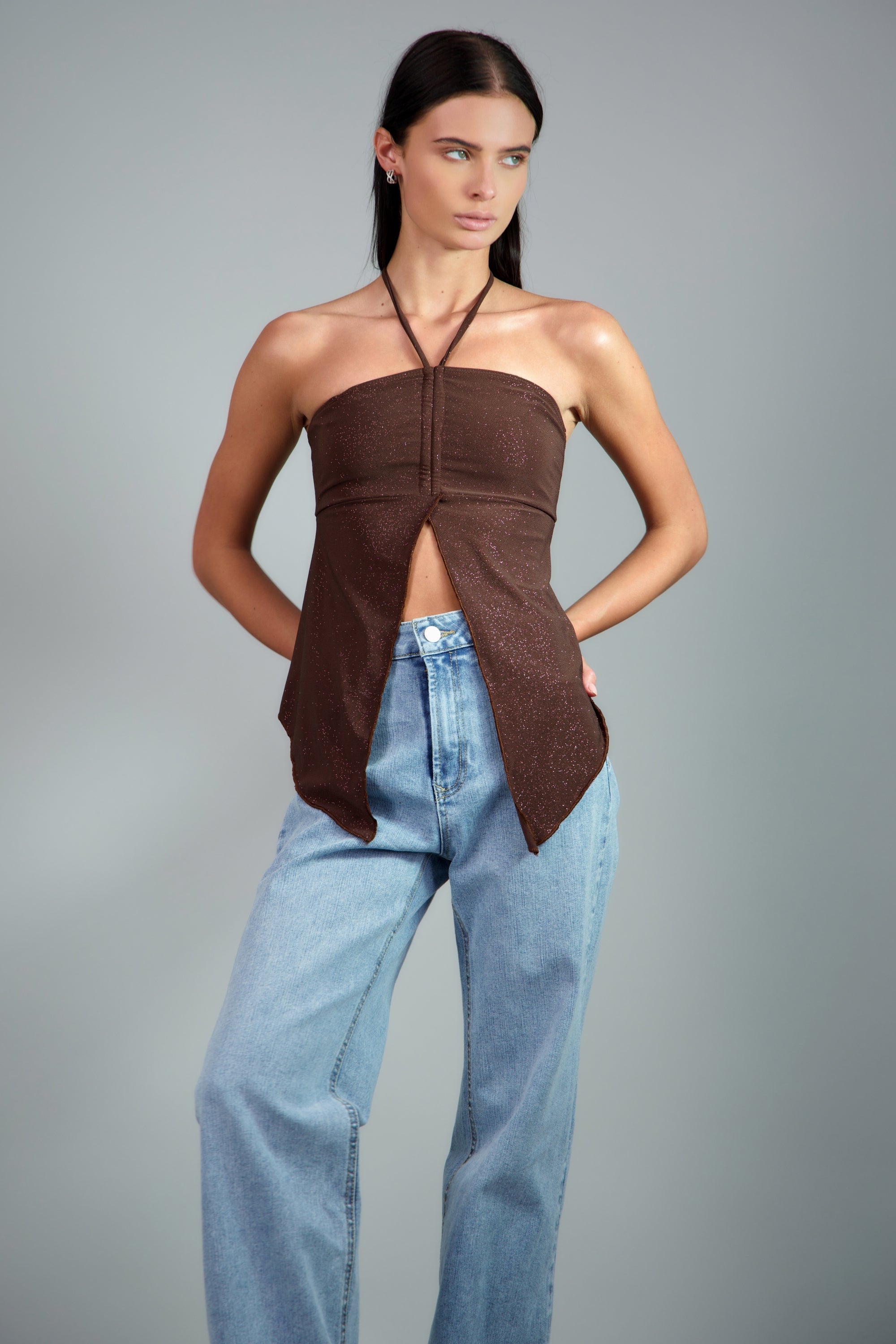 Top abertura brillos CHOCOLATE