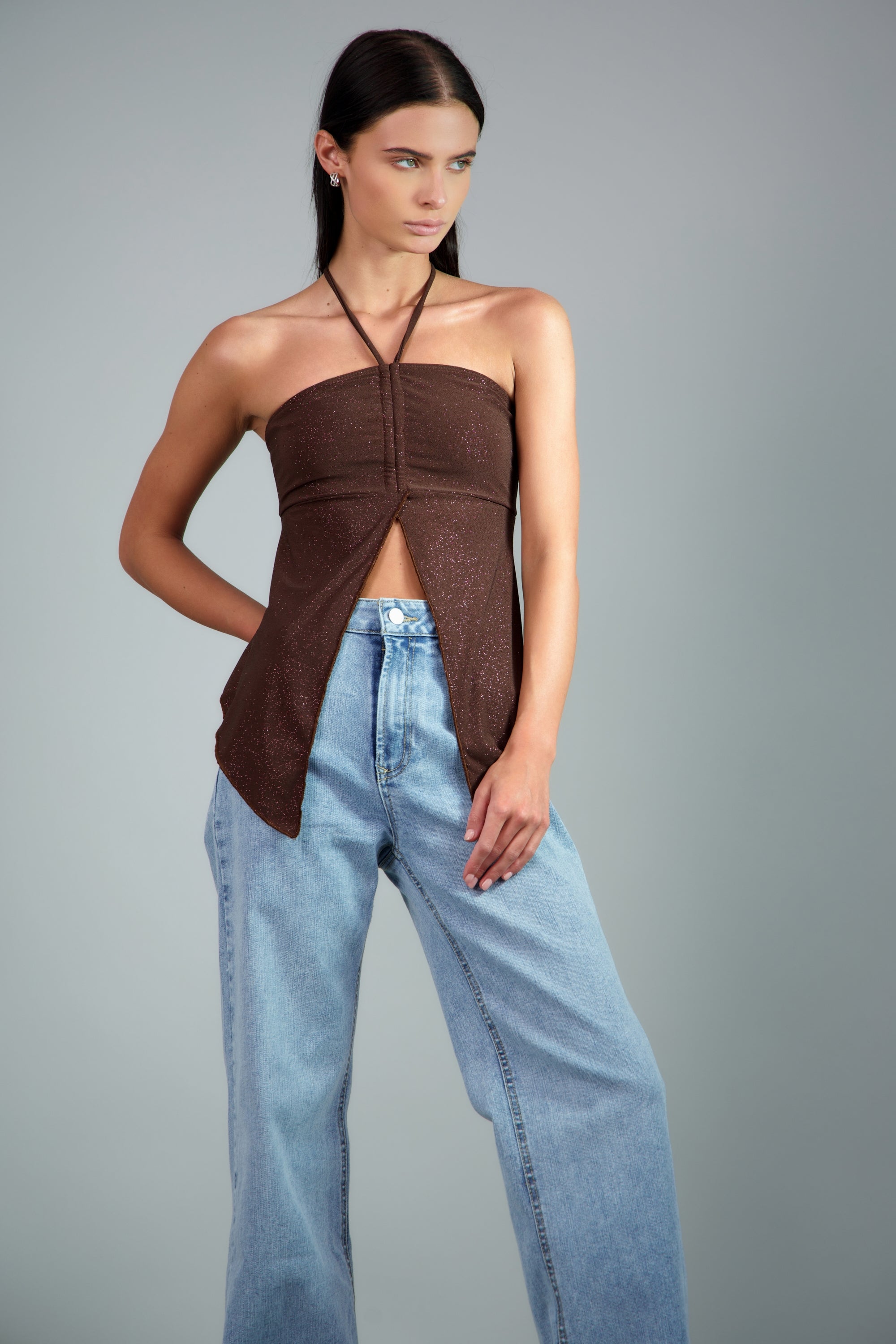 Top abertura brillos CHOCOLATE