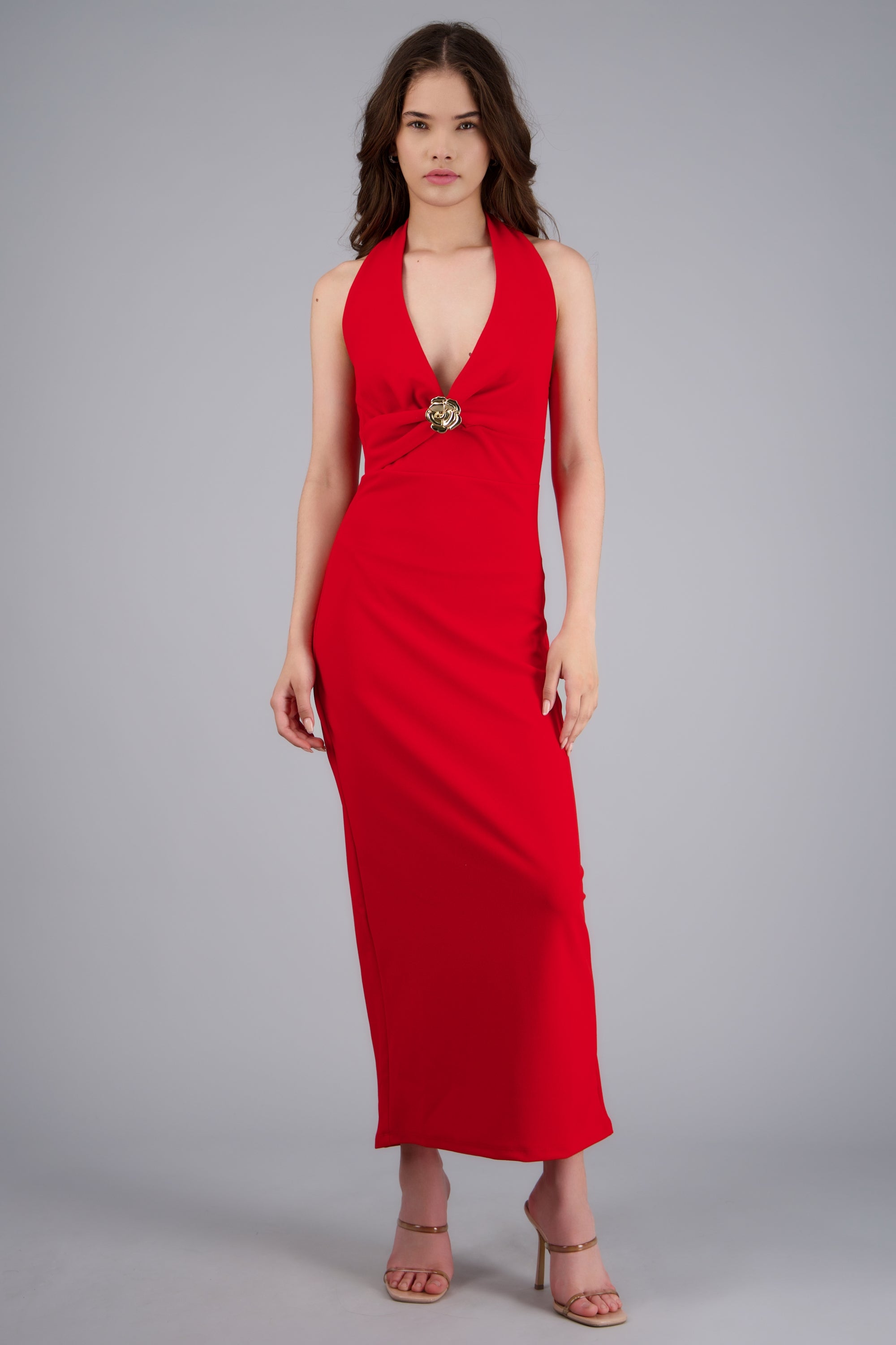 Vestido midi halter liso ROJO