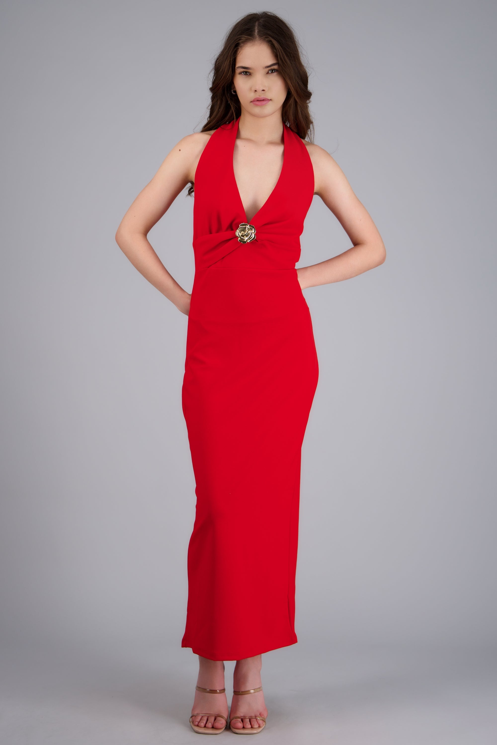 Vestido midi halter liso ROJO