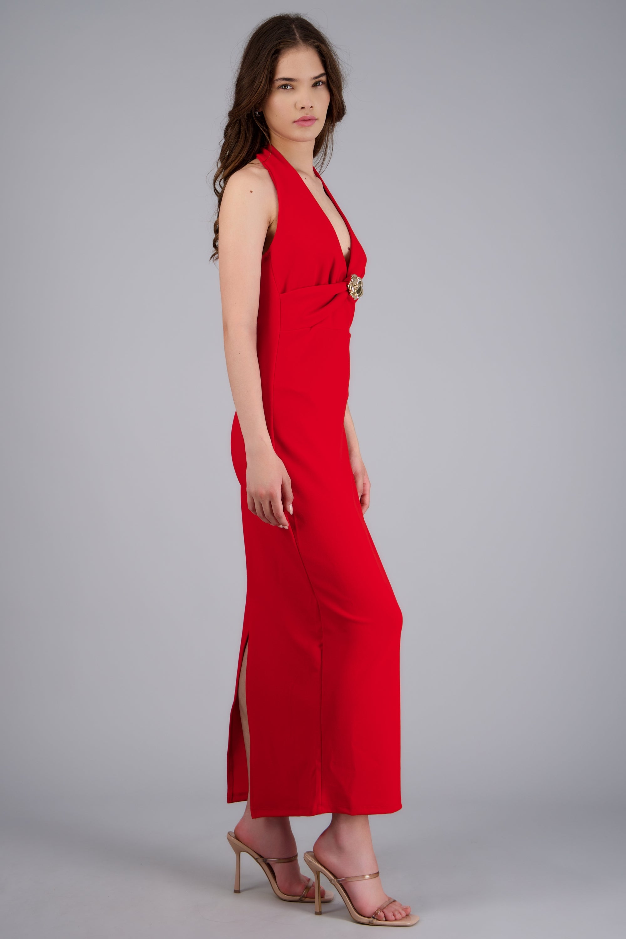 Vestido midi halter liso ROJO