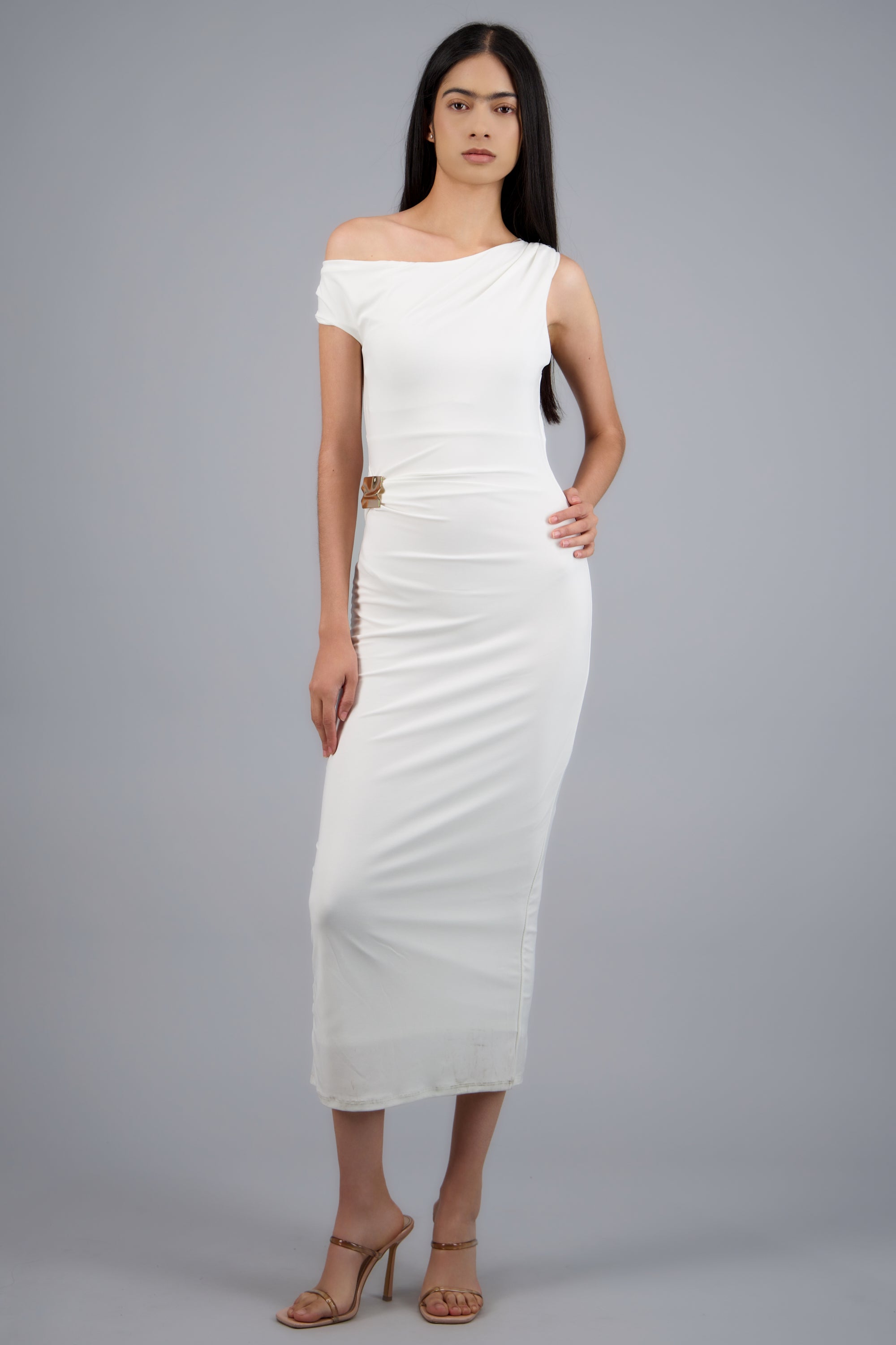 Vestido midi liso detalle hebilla BLANCO