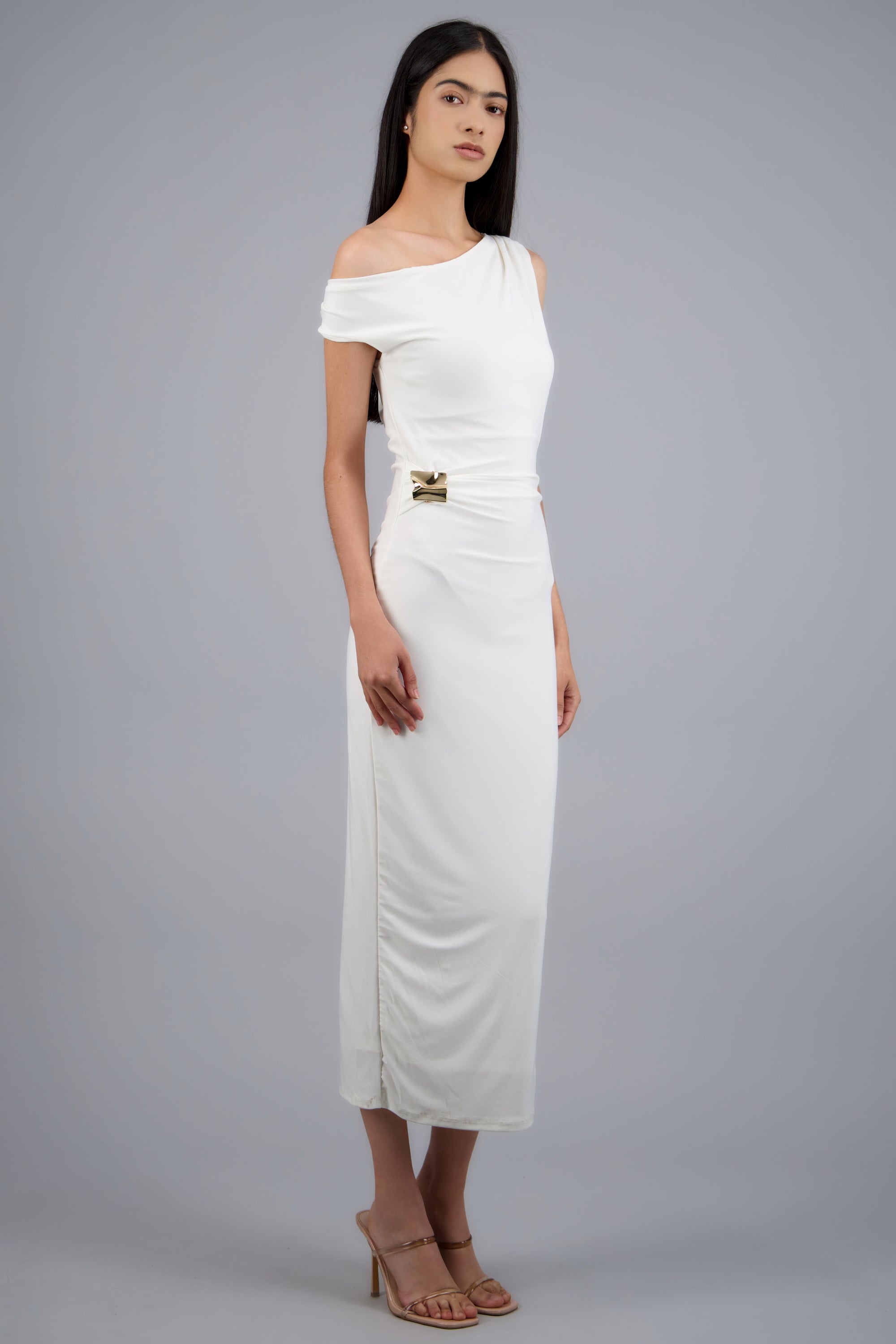 Vestido midi liso detalle hebilla BLANCO