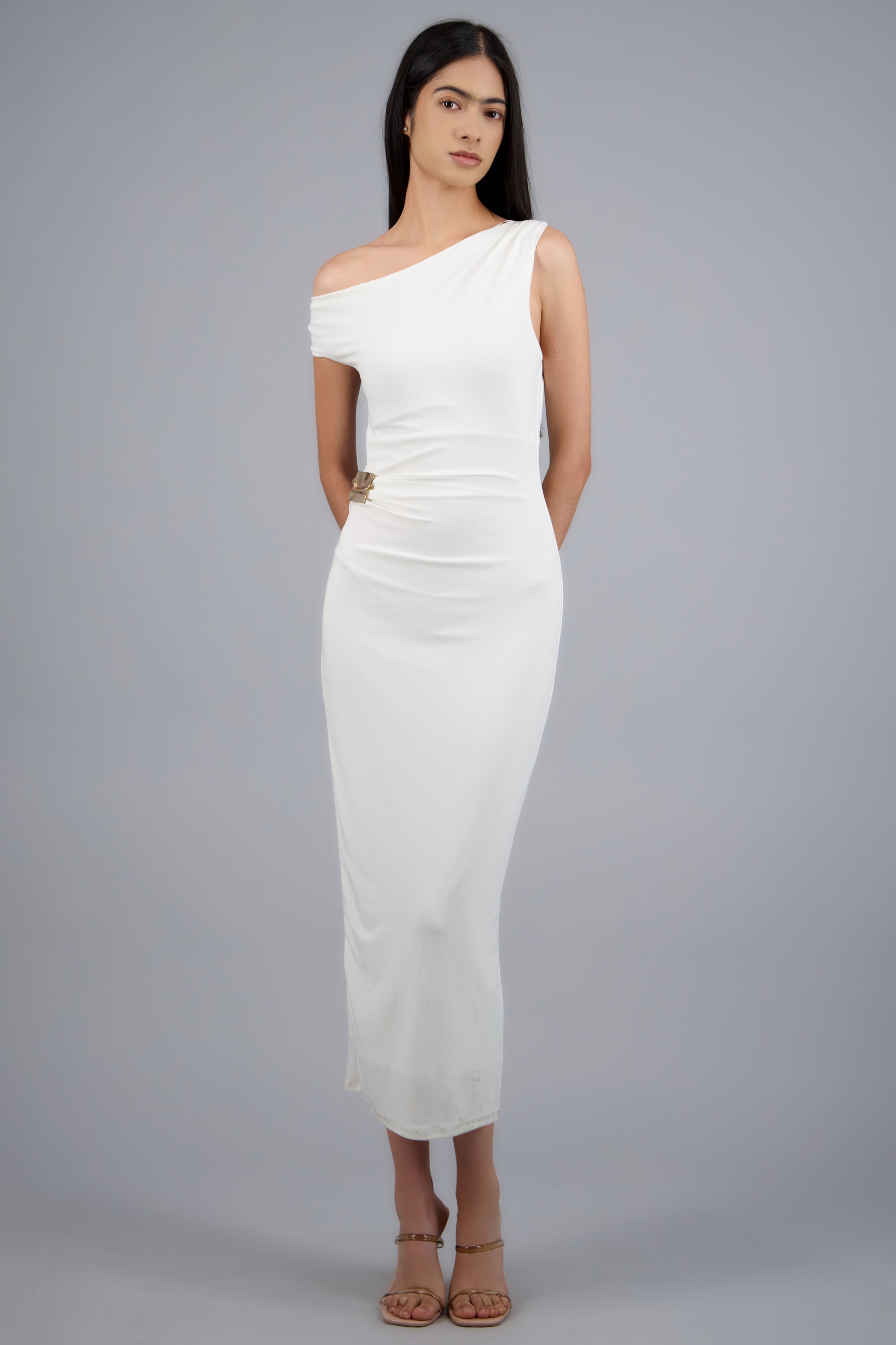 Vestido midi liso detalle hebilla BLANCO