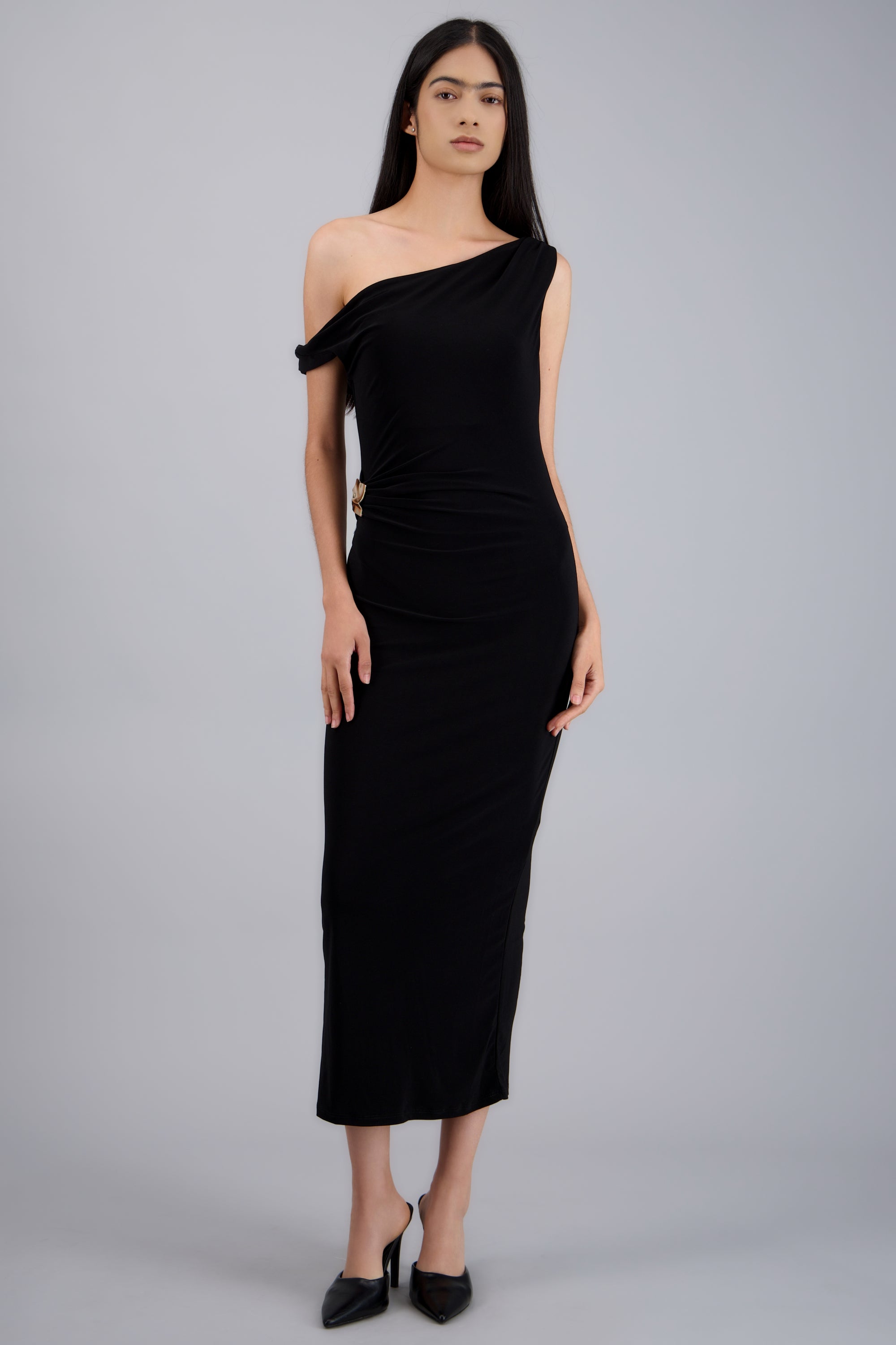 Vestido midi liso detalle hebilla NEGRO