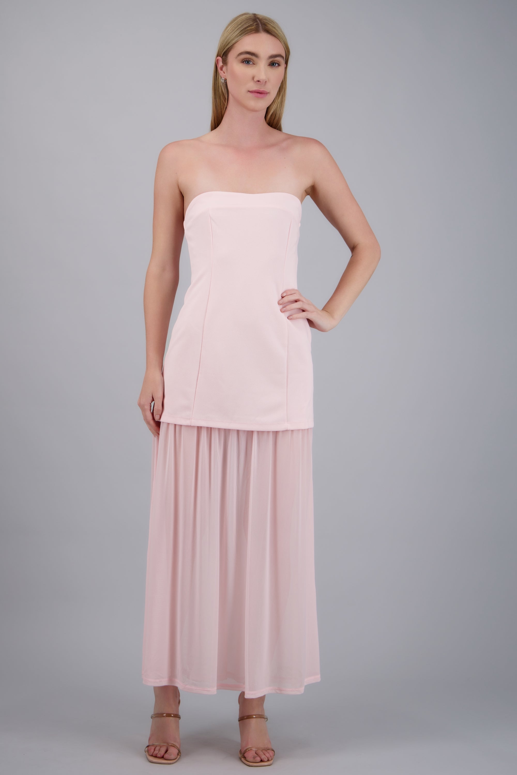Vestido maxi bandeau detalle tela contraste ROSA PASTEL