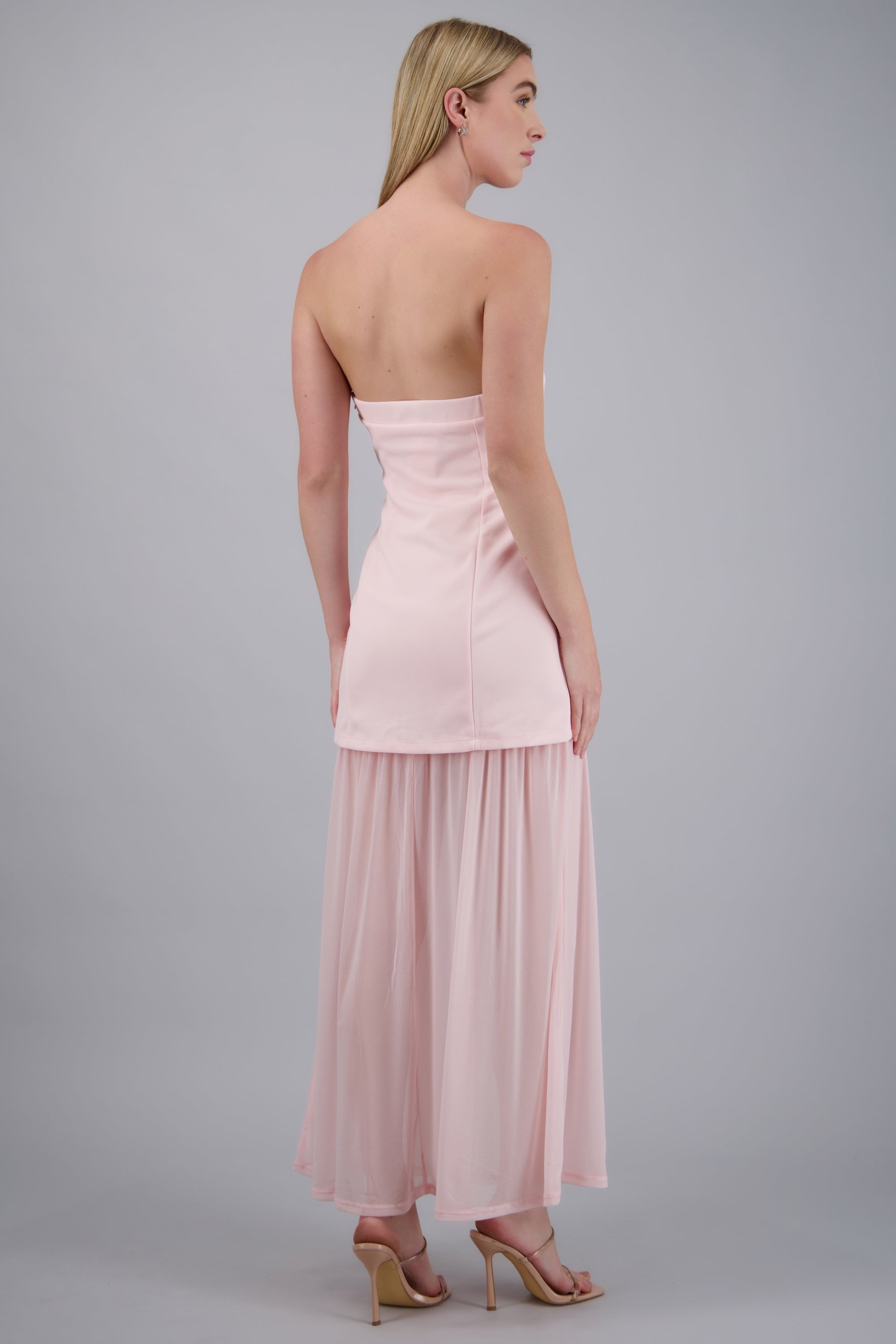Vestido maxi bandeau detalle tela contraste ROSA PASTEL