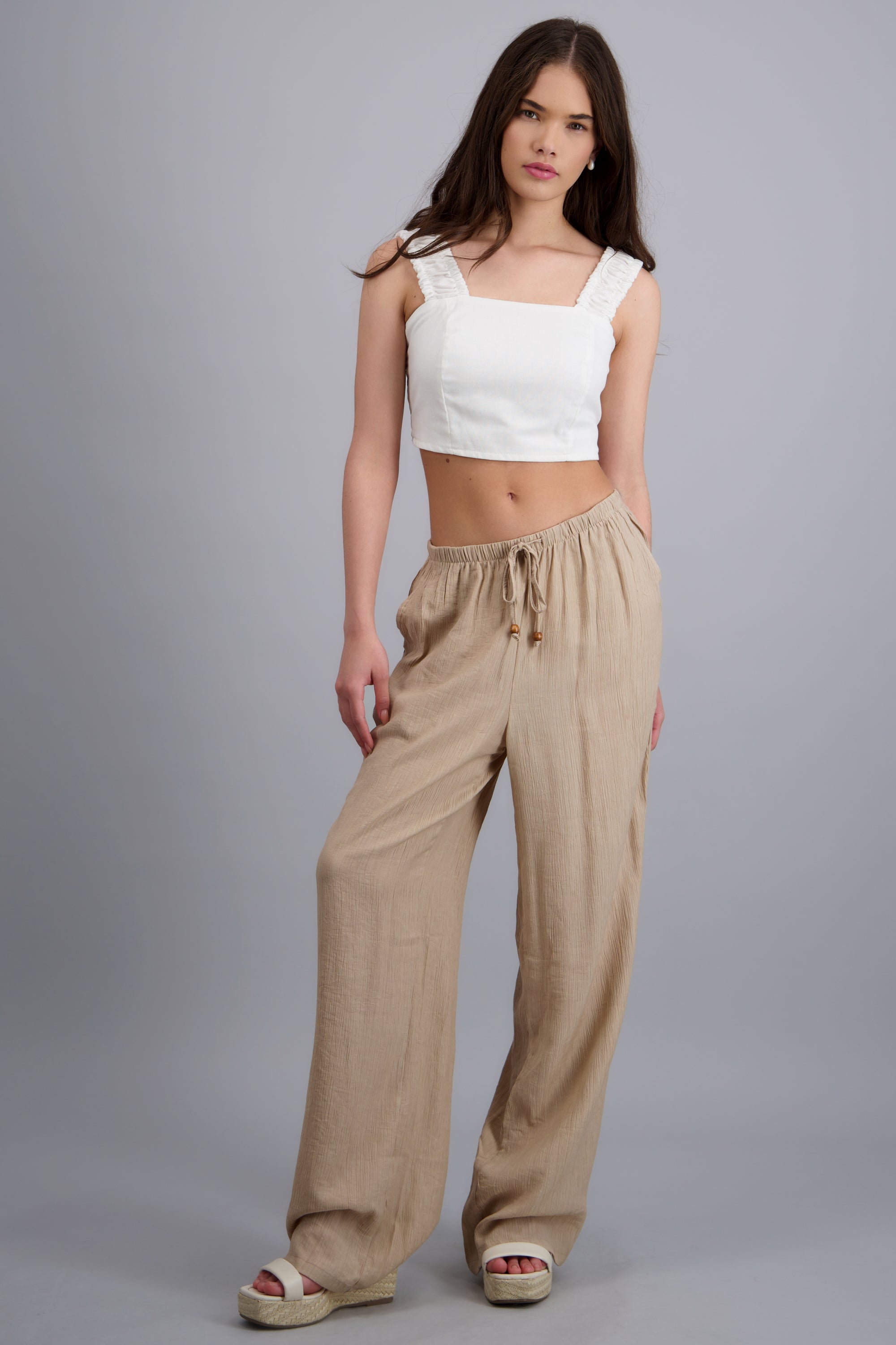 Pantalon amplio jareta detalle cuentas BEIGE