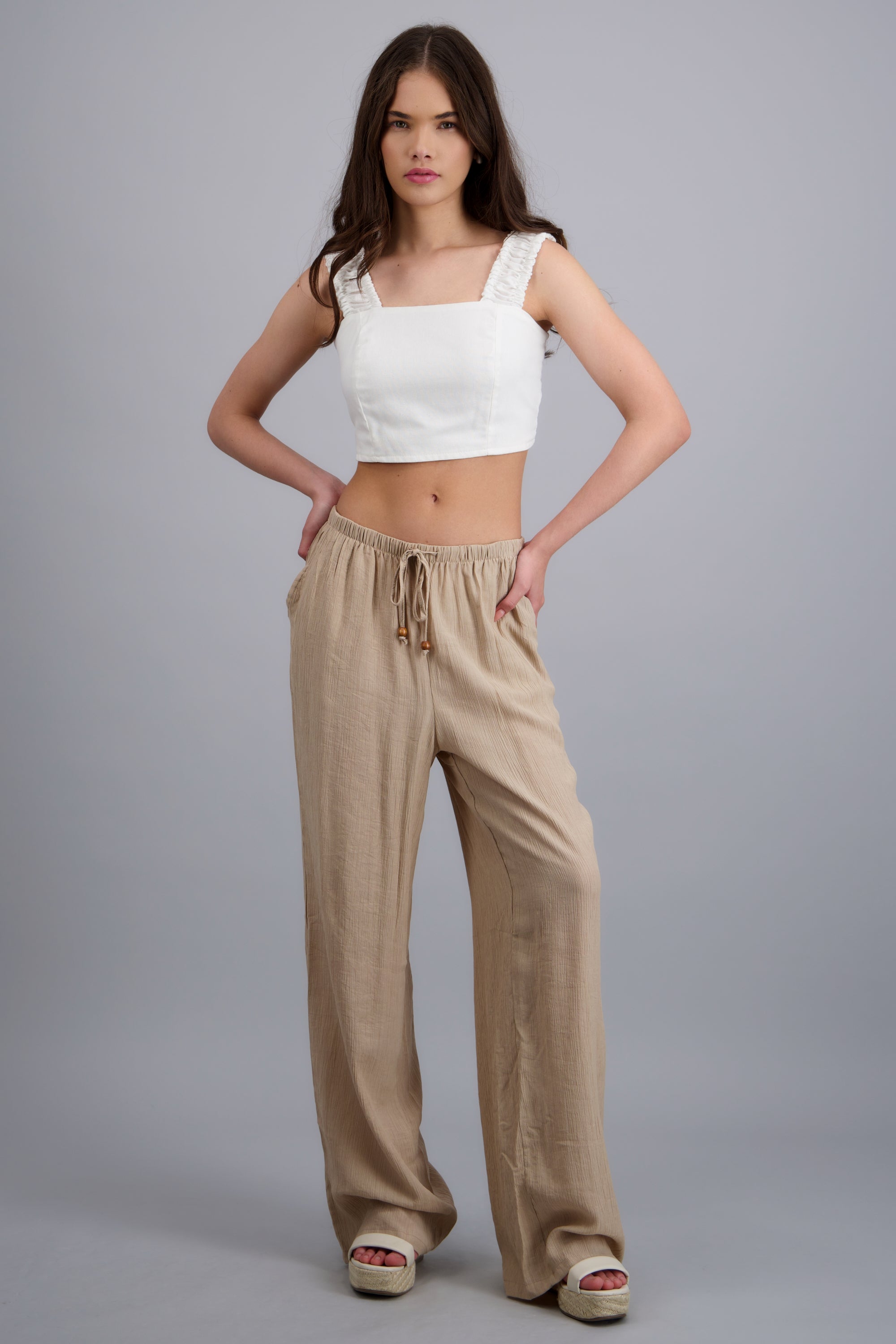 Pantalon amplio jareta detalle cuentas BEIGE