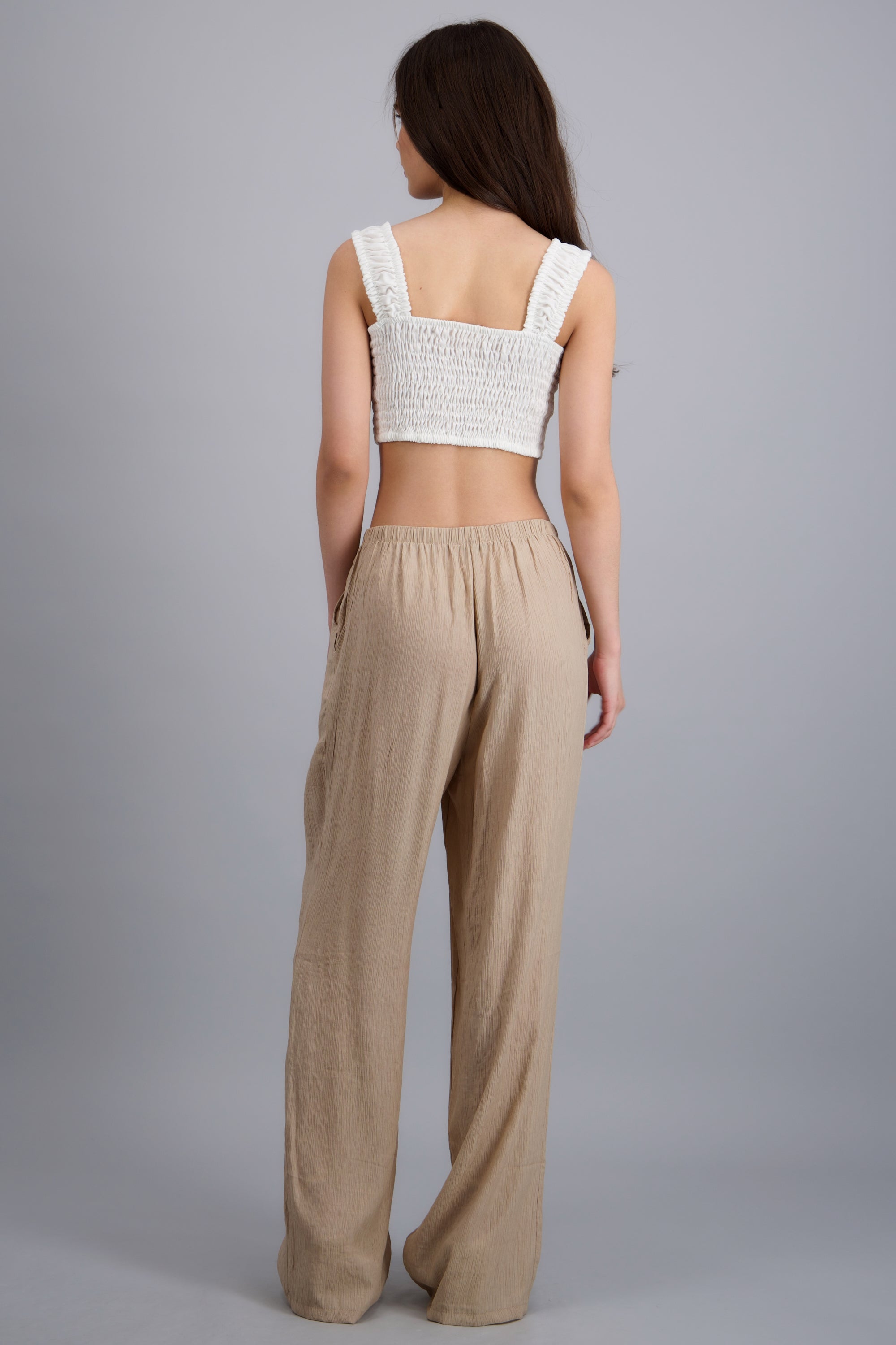 Pantalon amplio jareta detalle cuentas BEIGE