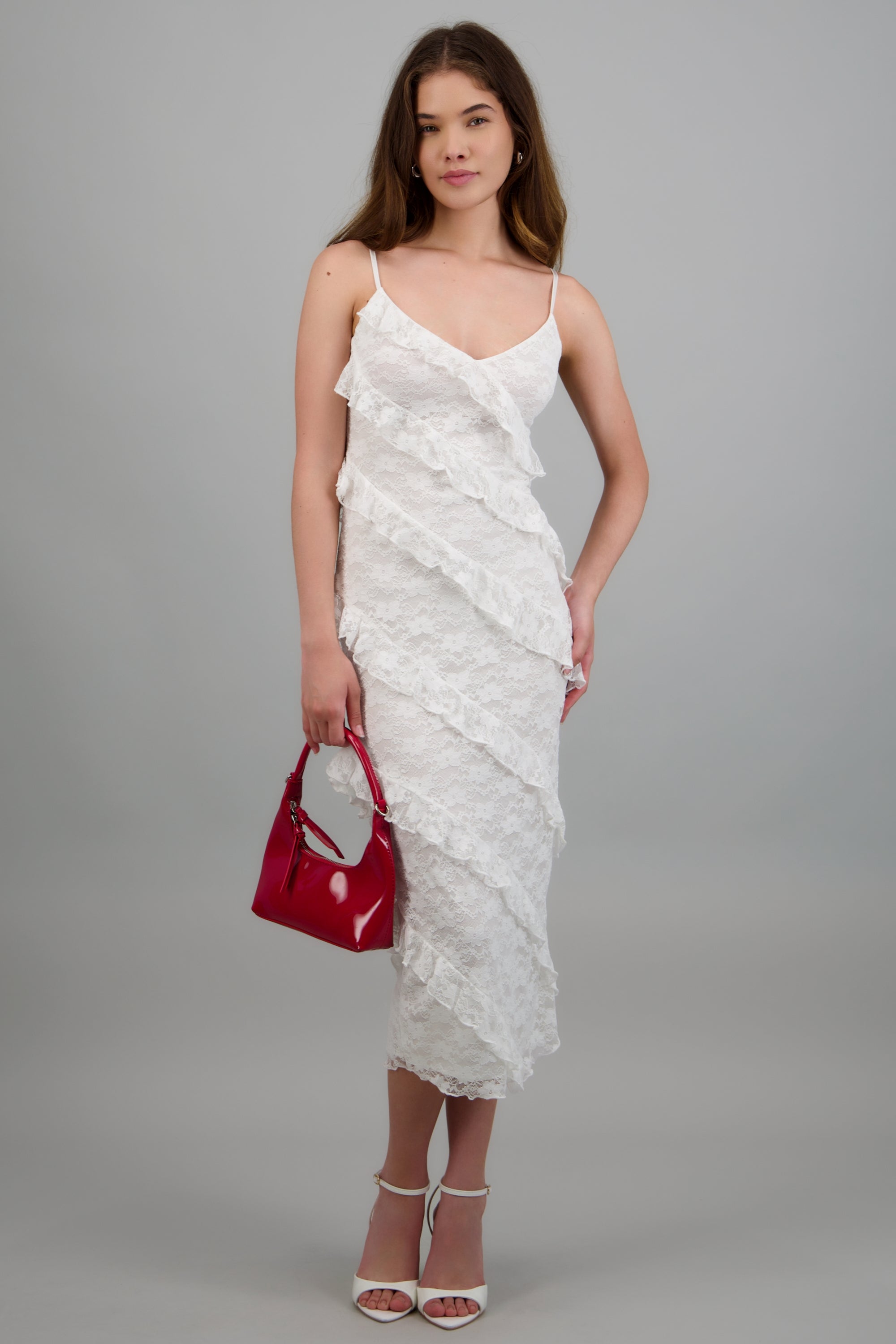 Vestido midi encaje detalle olanes BLANCO