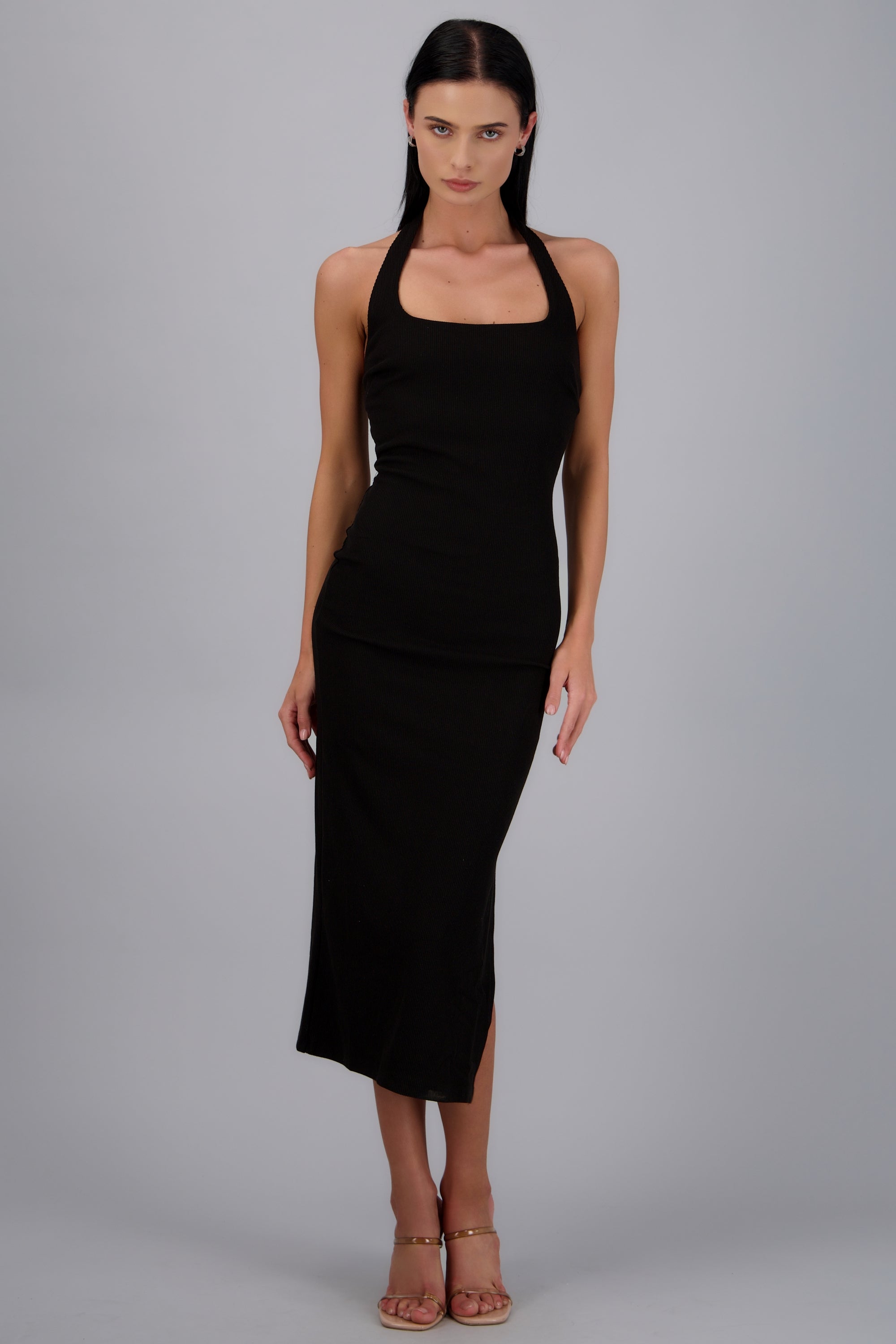 Vestido midi halter rib NEGRO