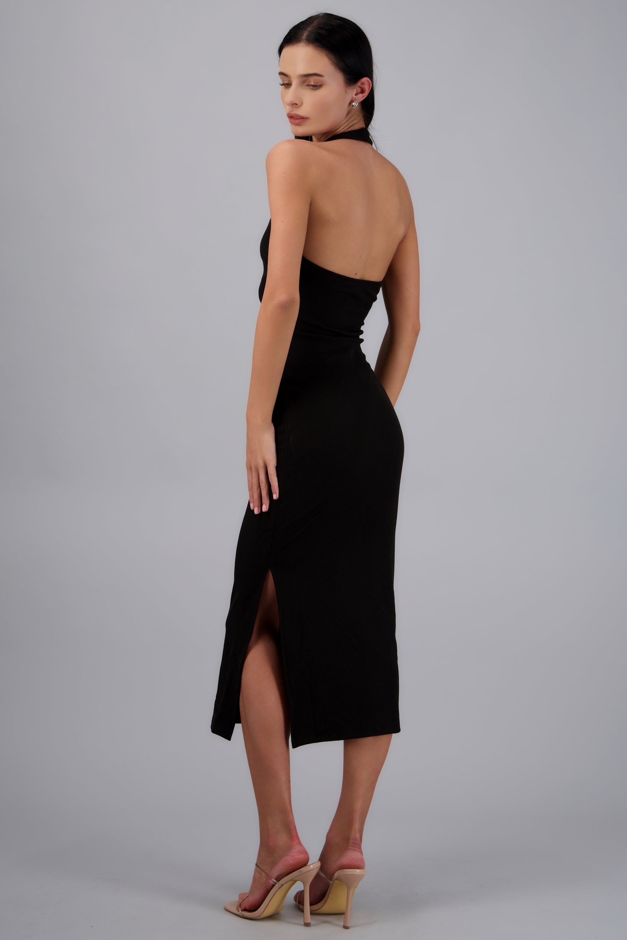 Vestido midi halter rib NEGRO