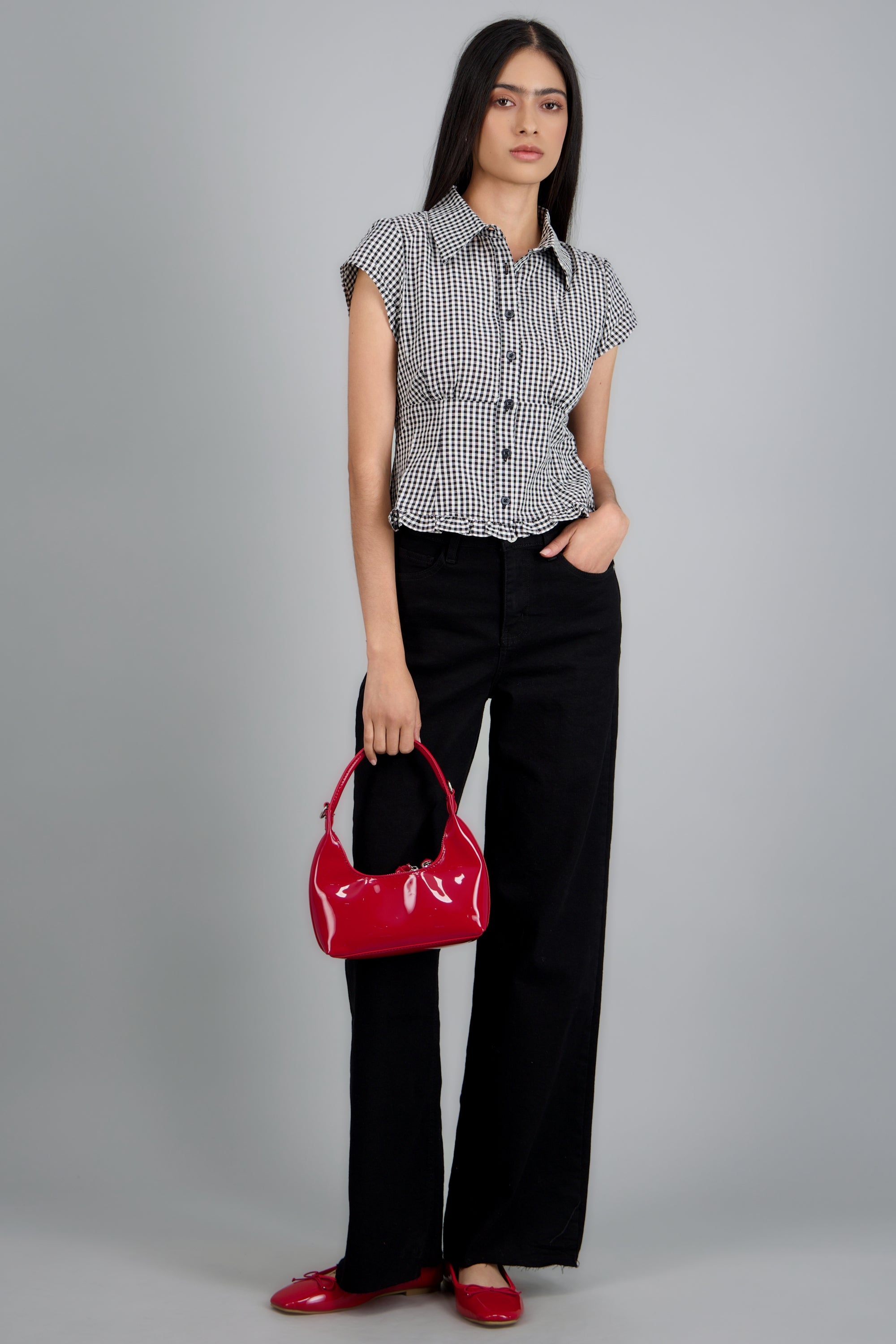 Blusa manga corta estampado gingham NEGRO COMBO