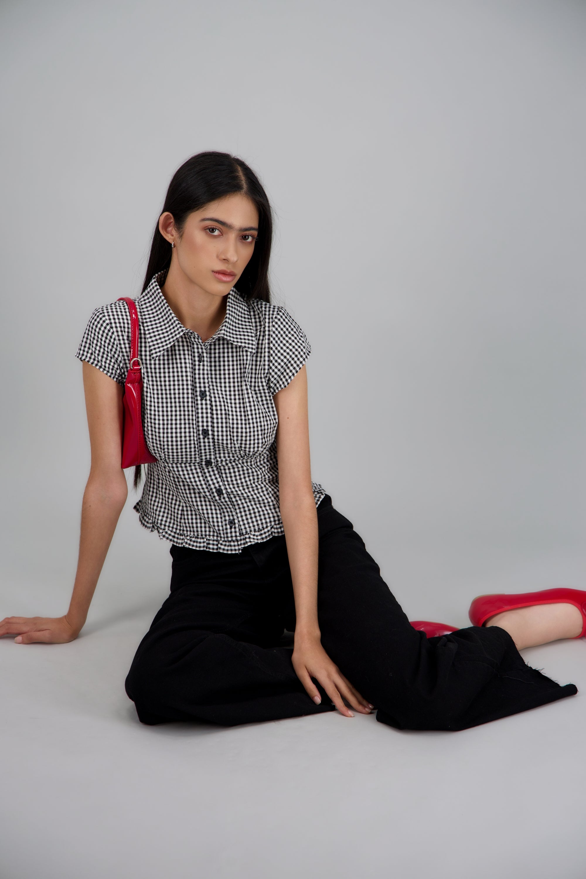 Blusa manga corta estampado gingham NEGRO COMBO