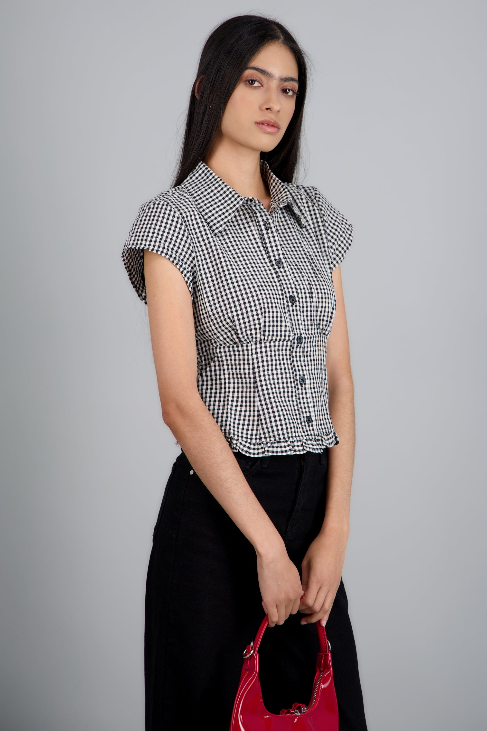 Blusa manga corta estampado gingham NEGRO COMBO