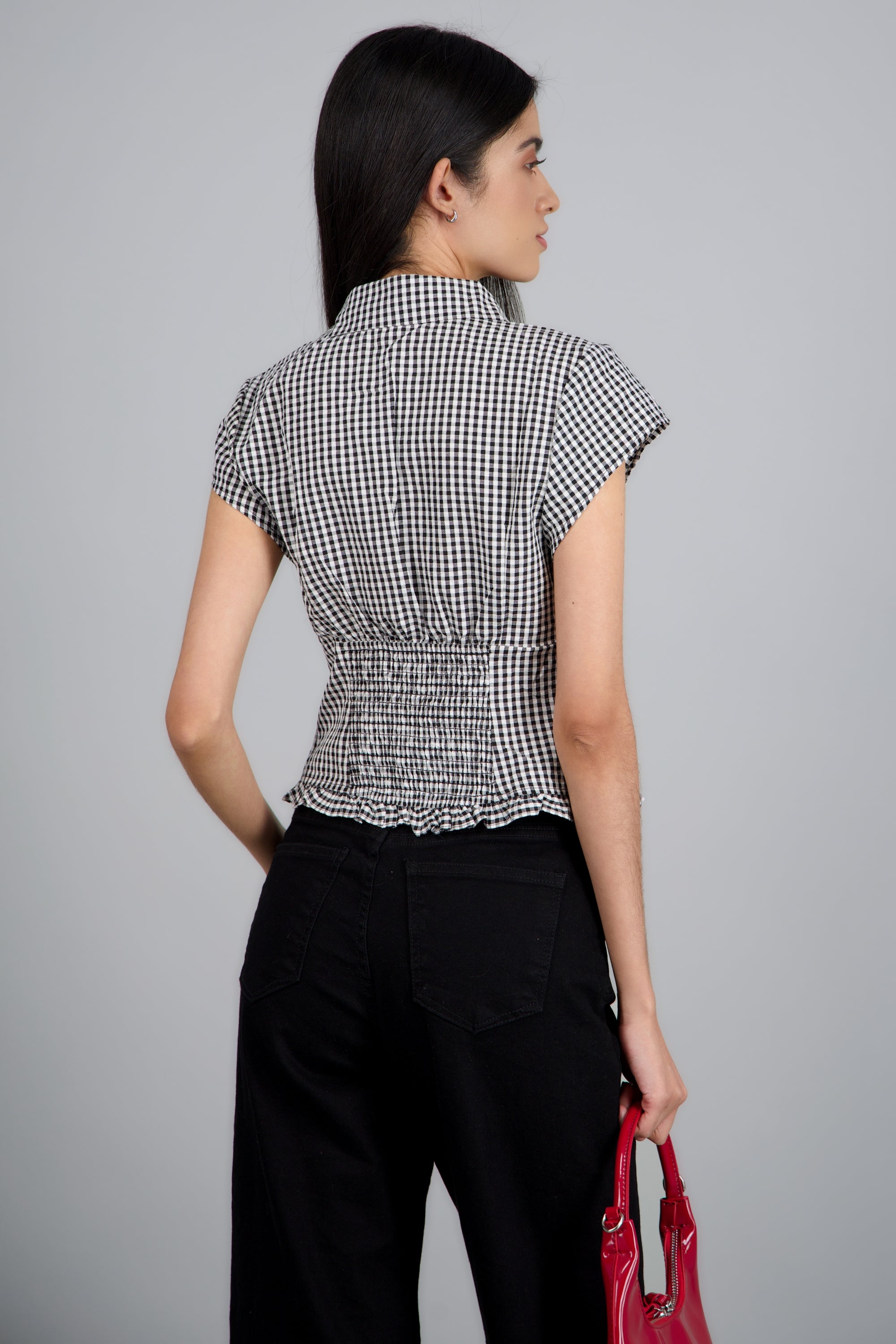 Blusa manga corta estampado gingham NEGRO COMBO