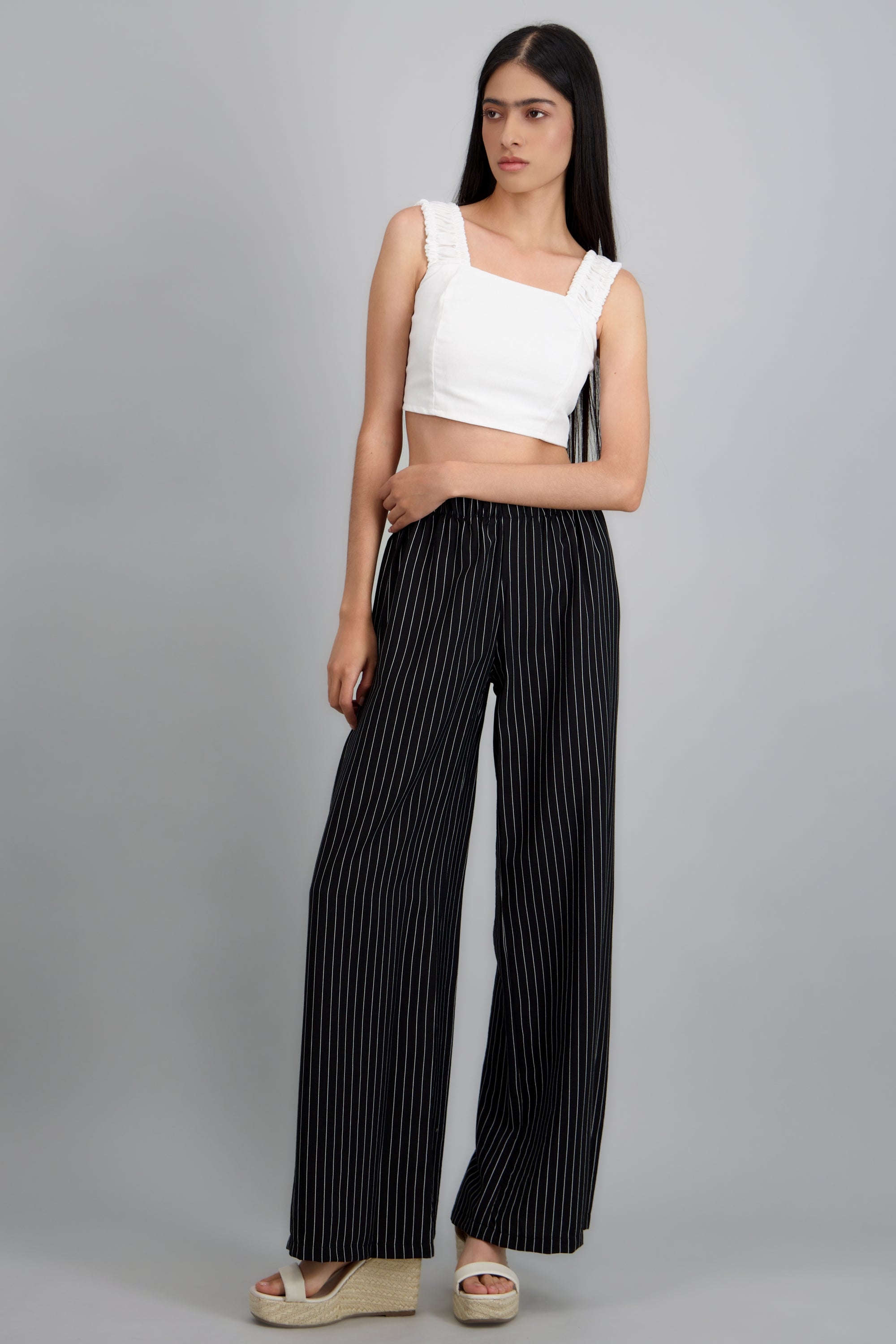Pantalon fluido detalle resorte rayas NEGRO COMBO