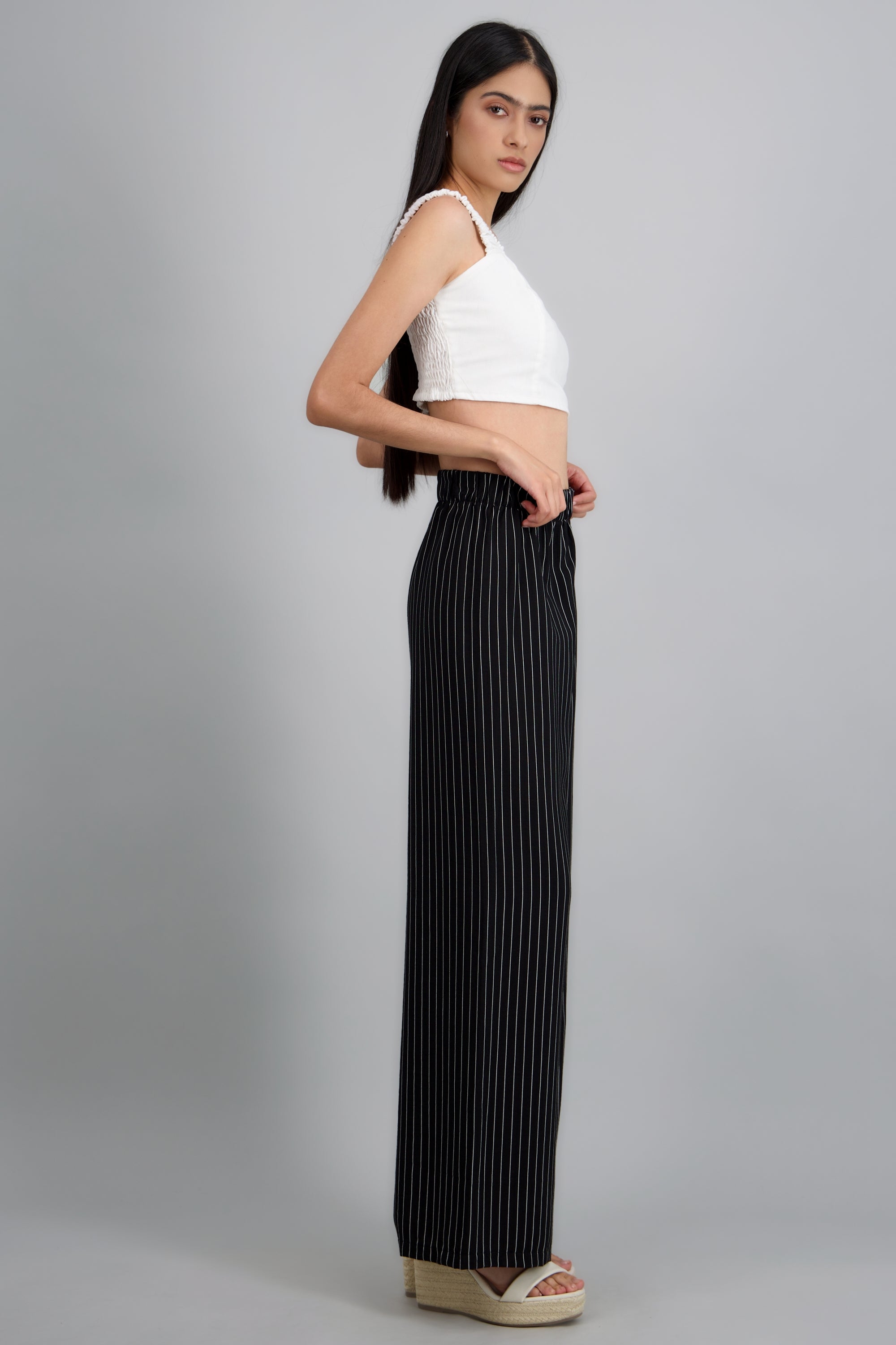 Pantalon fluido detalle resorte rayas NEGRO COMBO