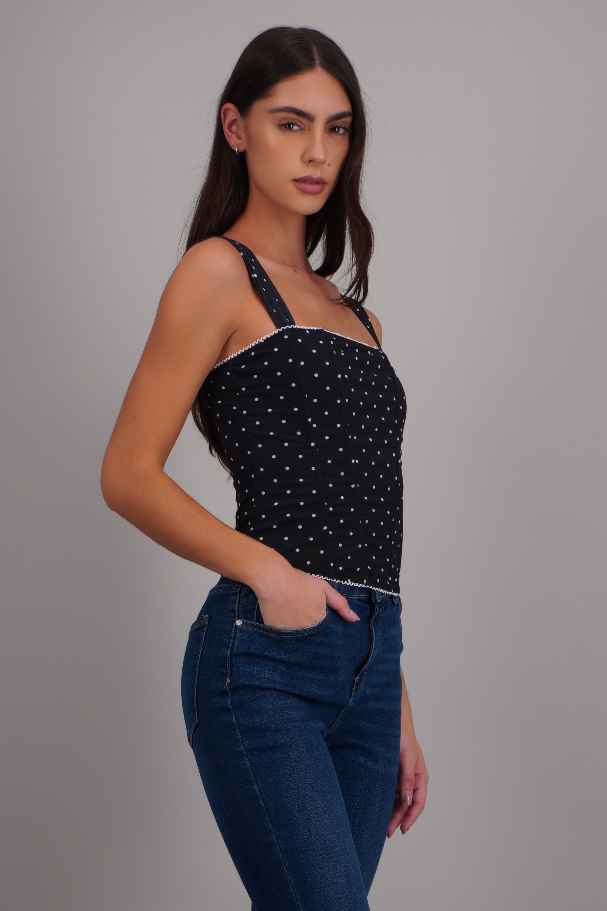 Blusa corset mesh polka con varillas NEGRO COMBO