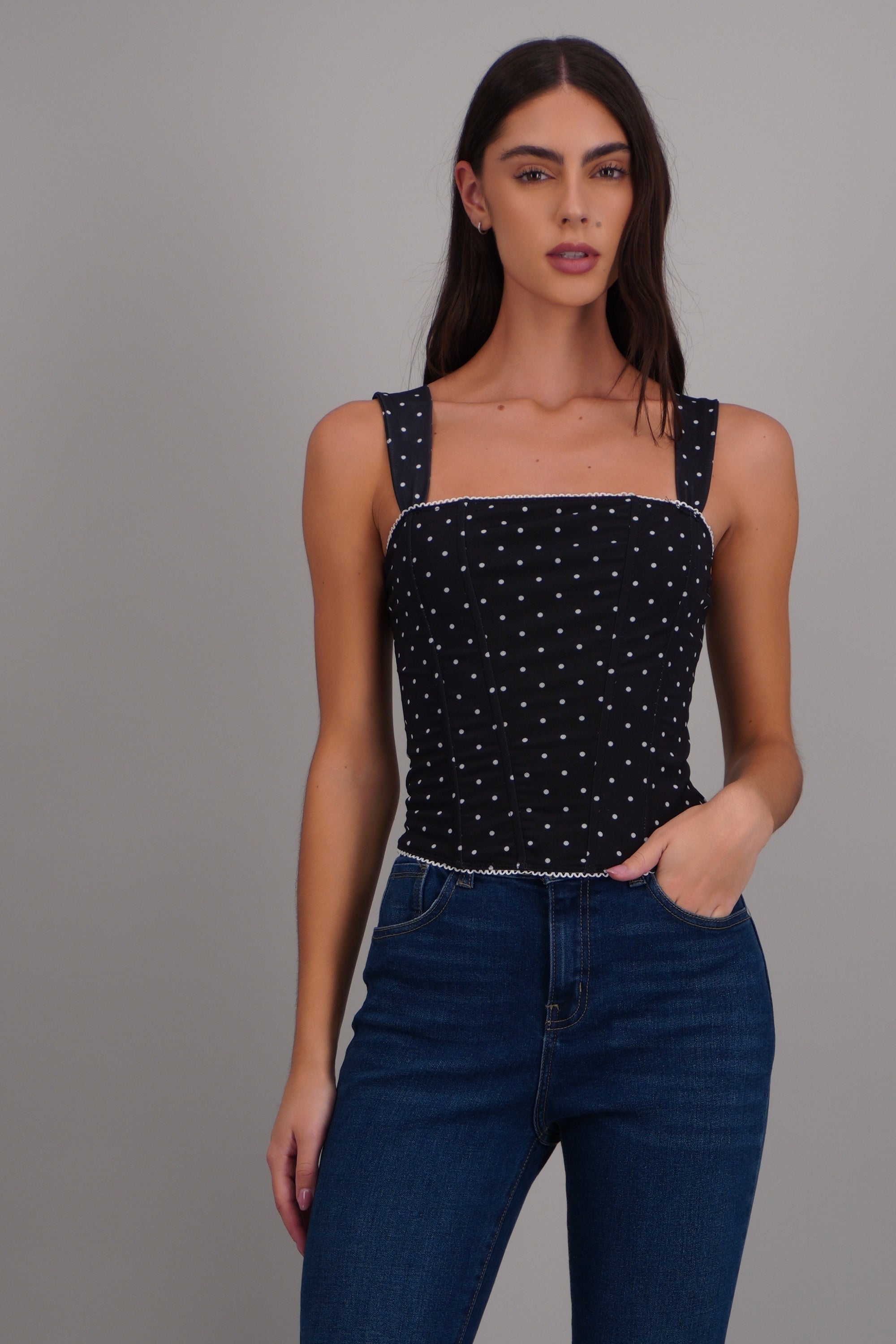 Blusa corset mesh polka con varillas NEGRO COMBO