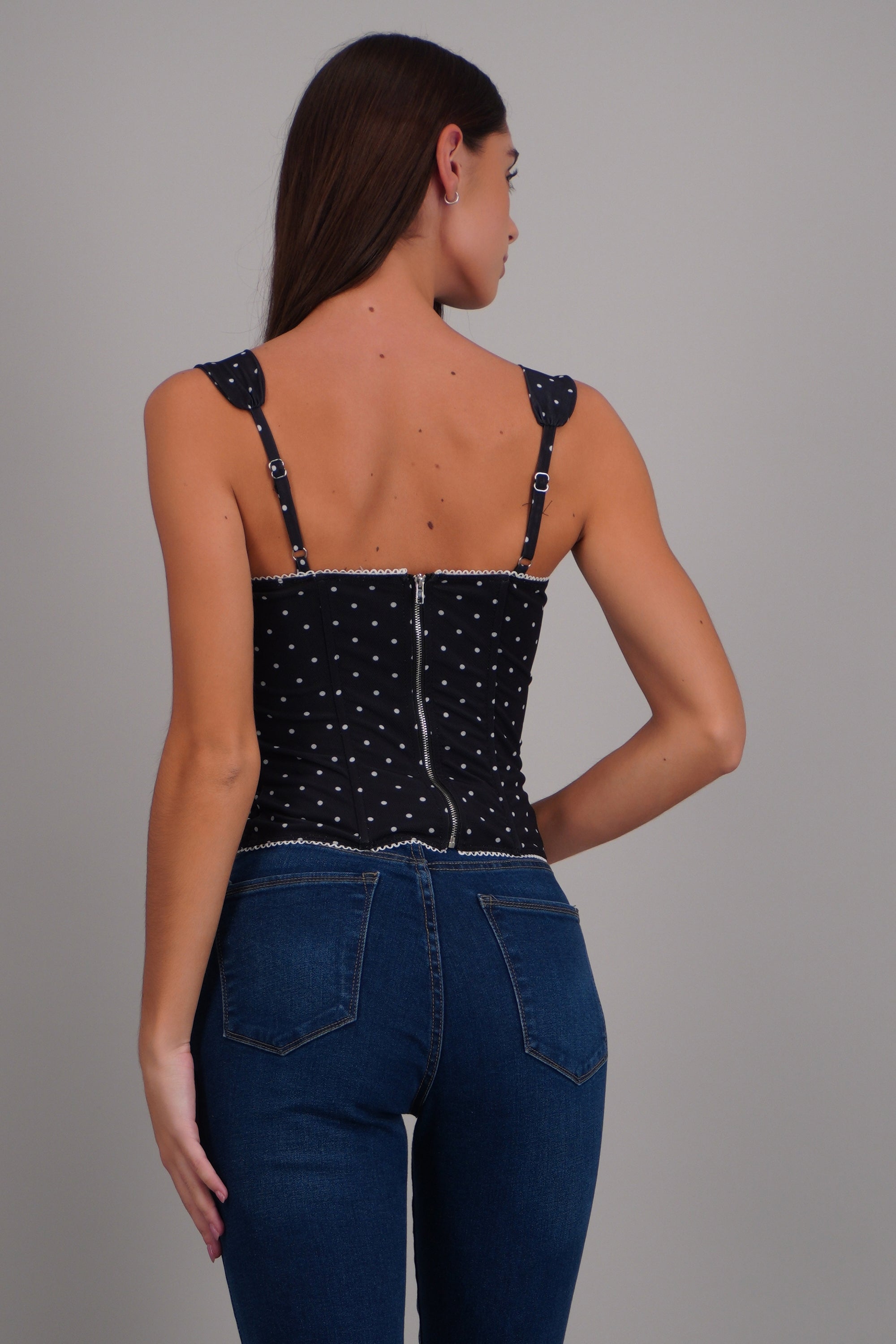 Blusa corset mesh polka con varillas NEGRO COMBO