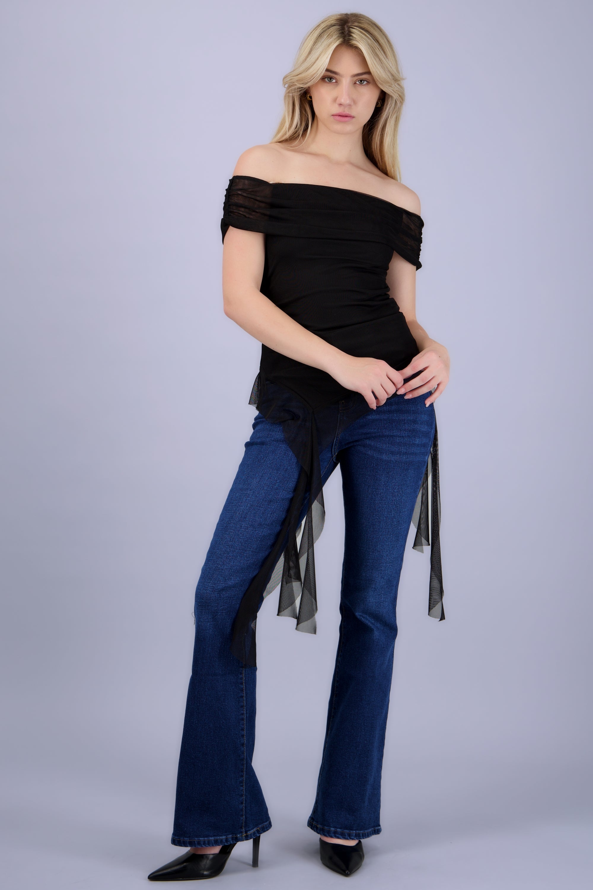 Top de mesh off shoulder NEGRO