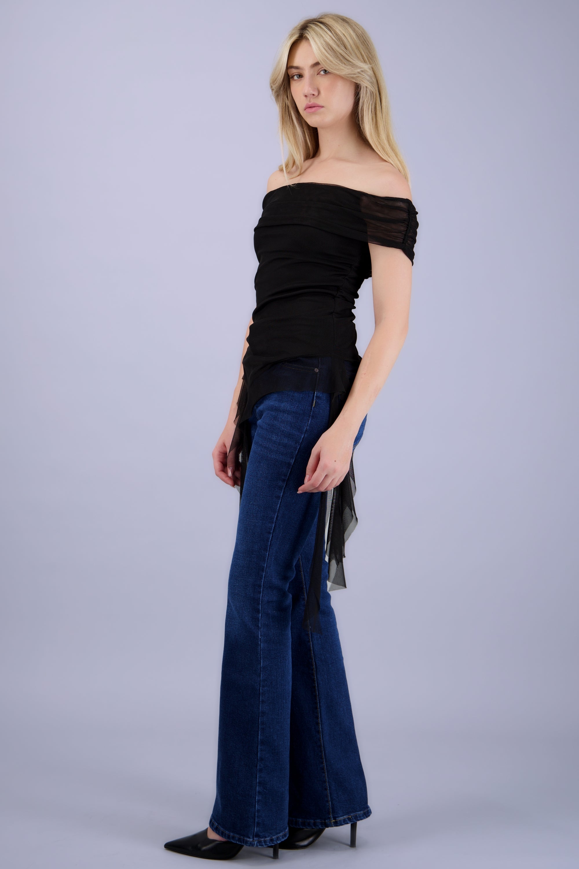 Top de mesh off shoulder NEGRO