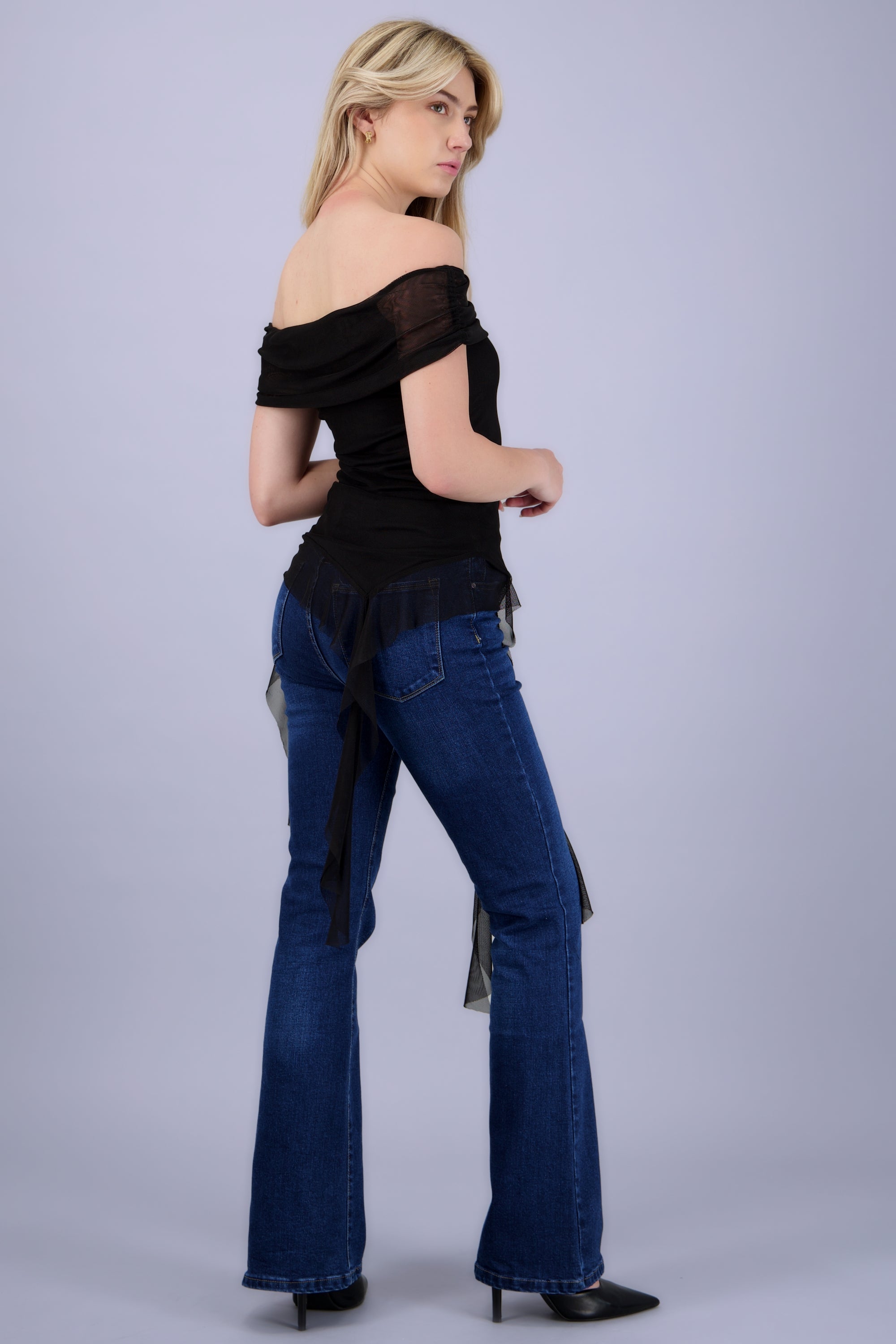 Top de mesh off shoulder NEGRO