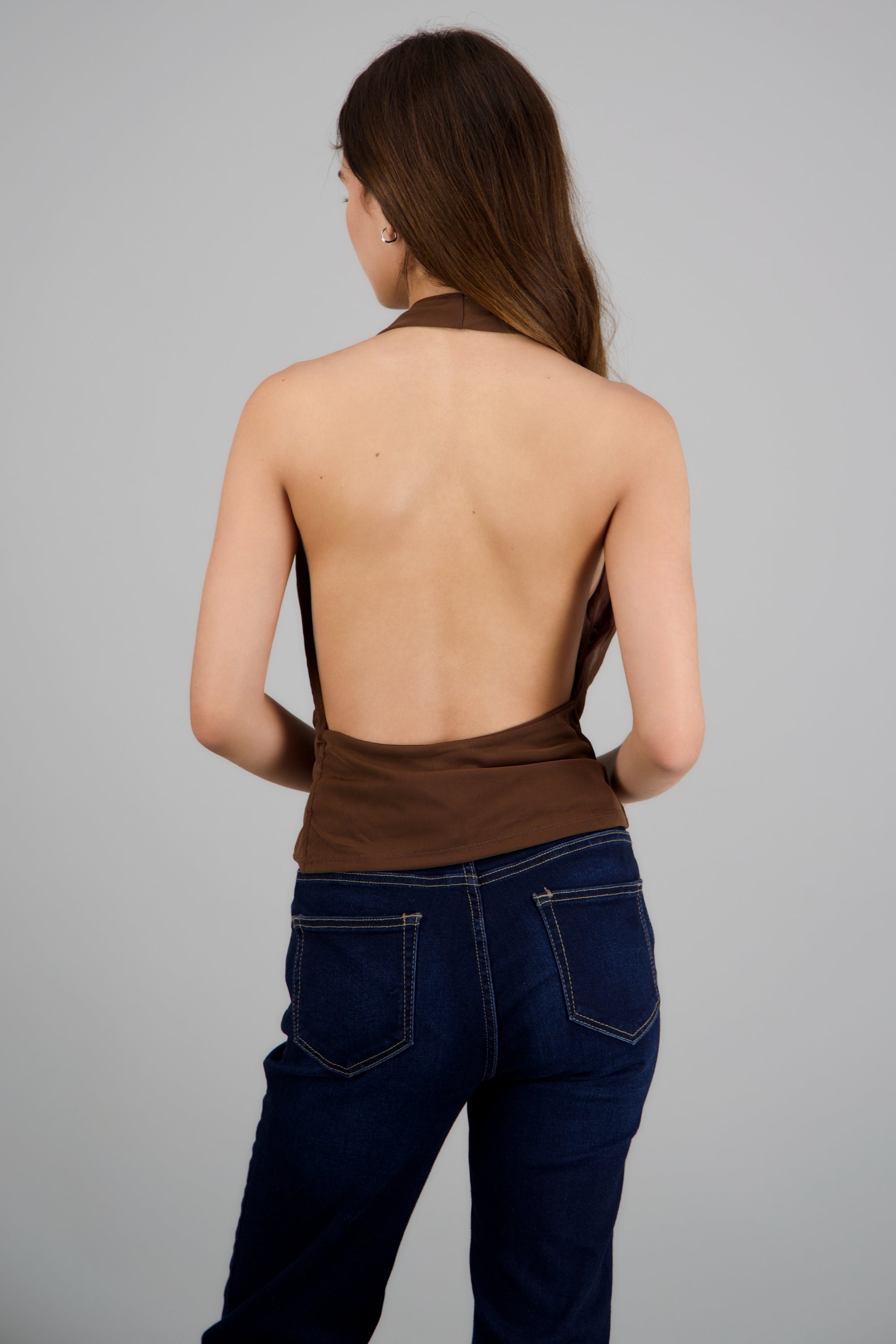 Top cuello cascada halter de mesh CHOCOLATE