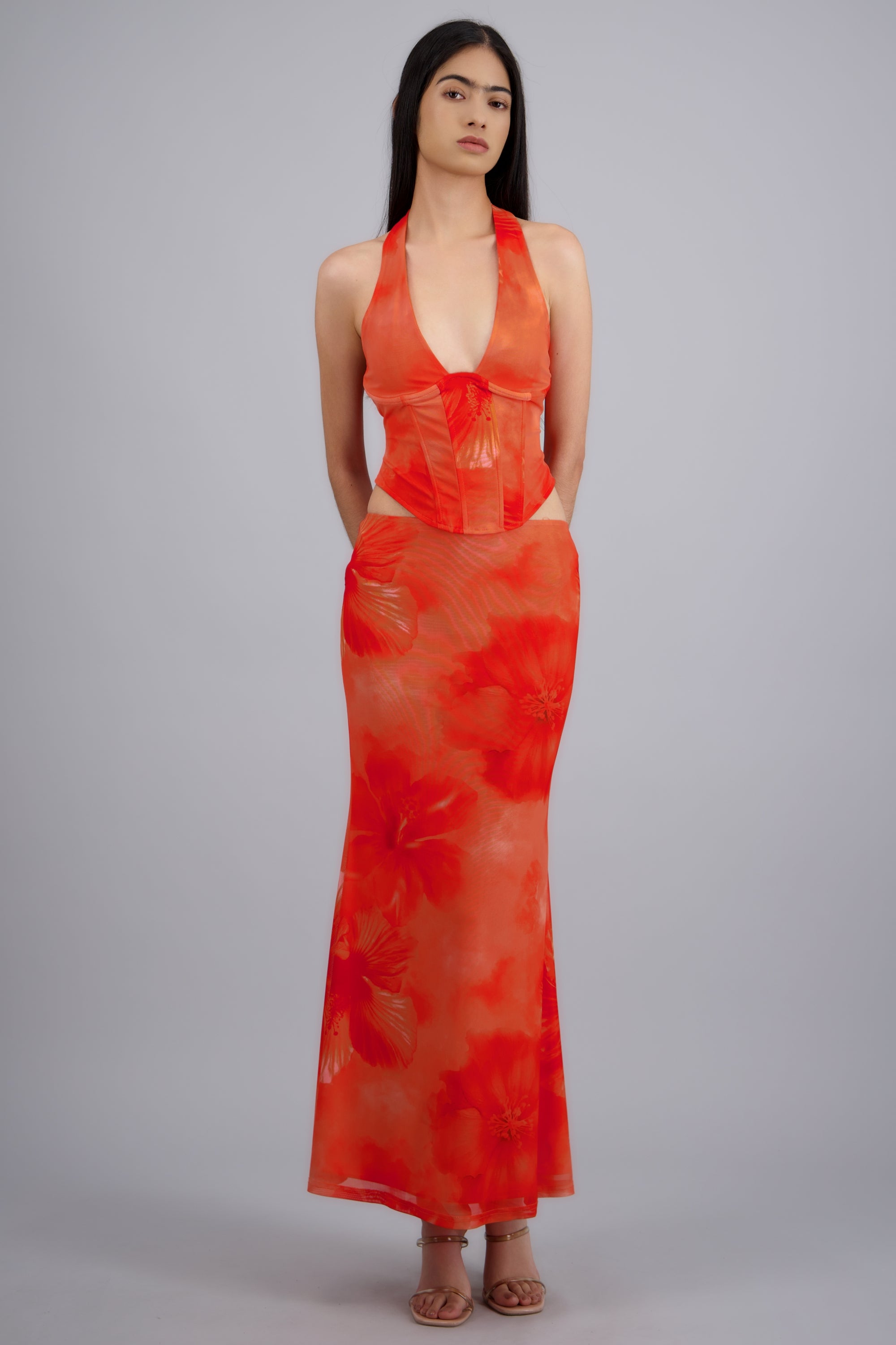 Falda maxi mesh estampado NARANJA COMBO