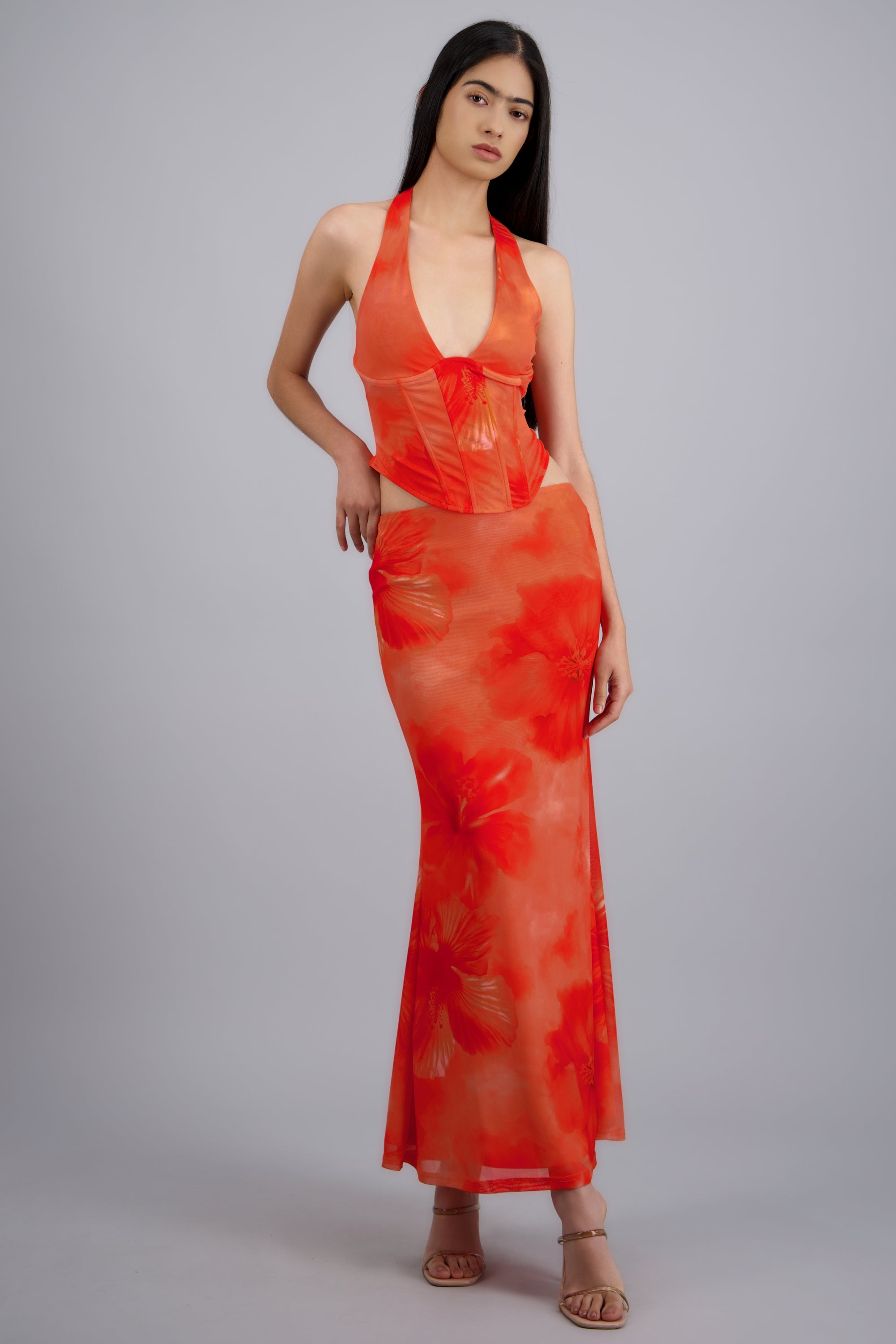 Falda maxi mesh estampado NARANJA COMBO