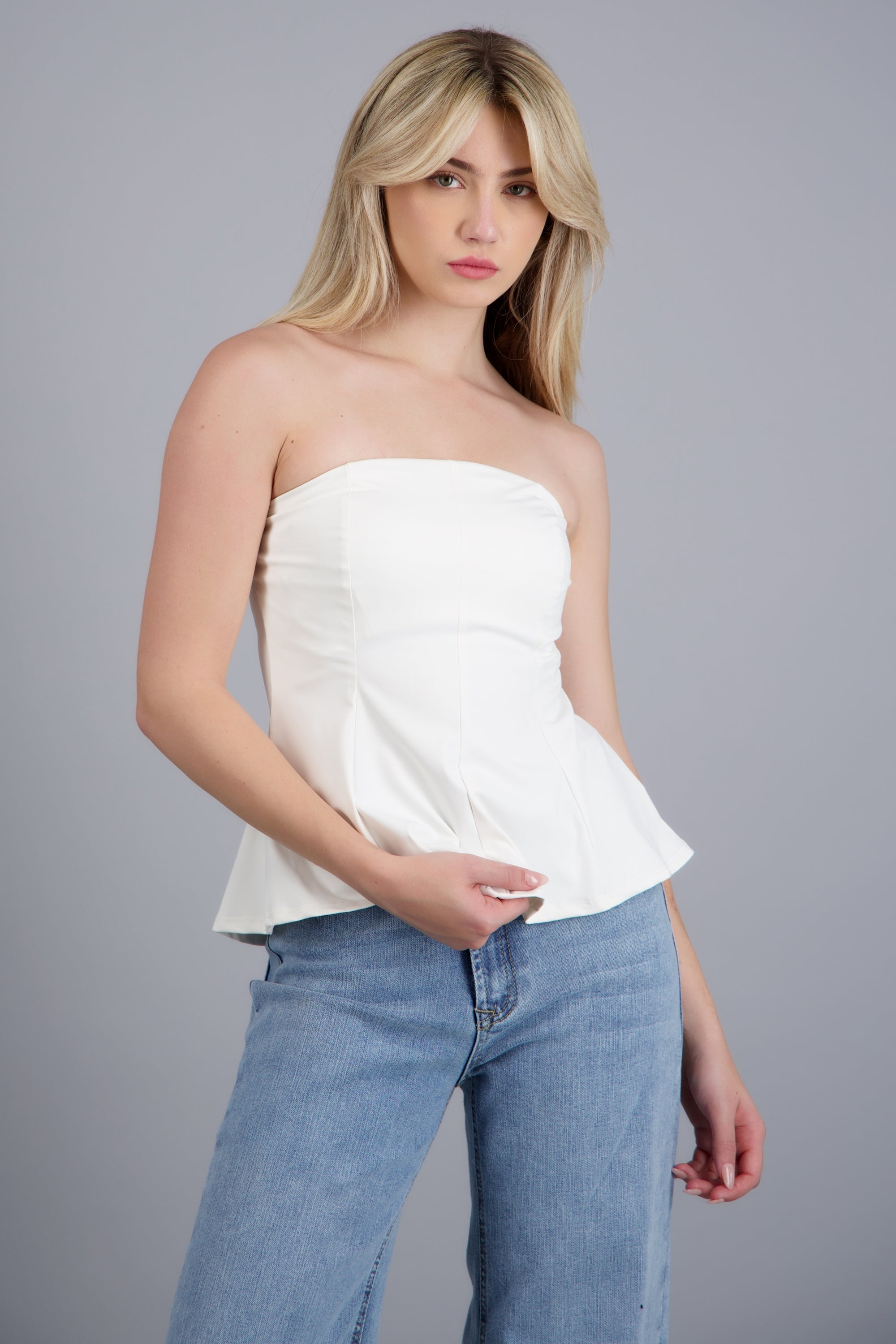 Top strapless peplum BLANCO