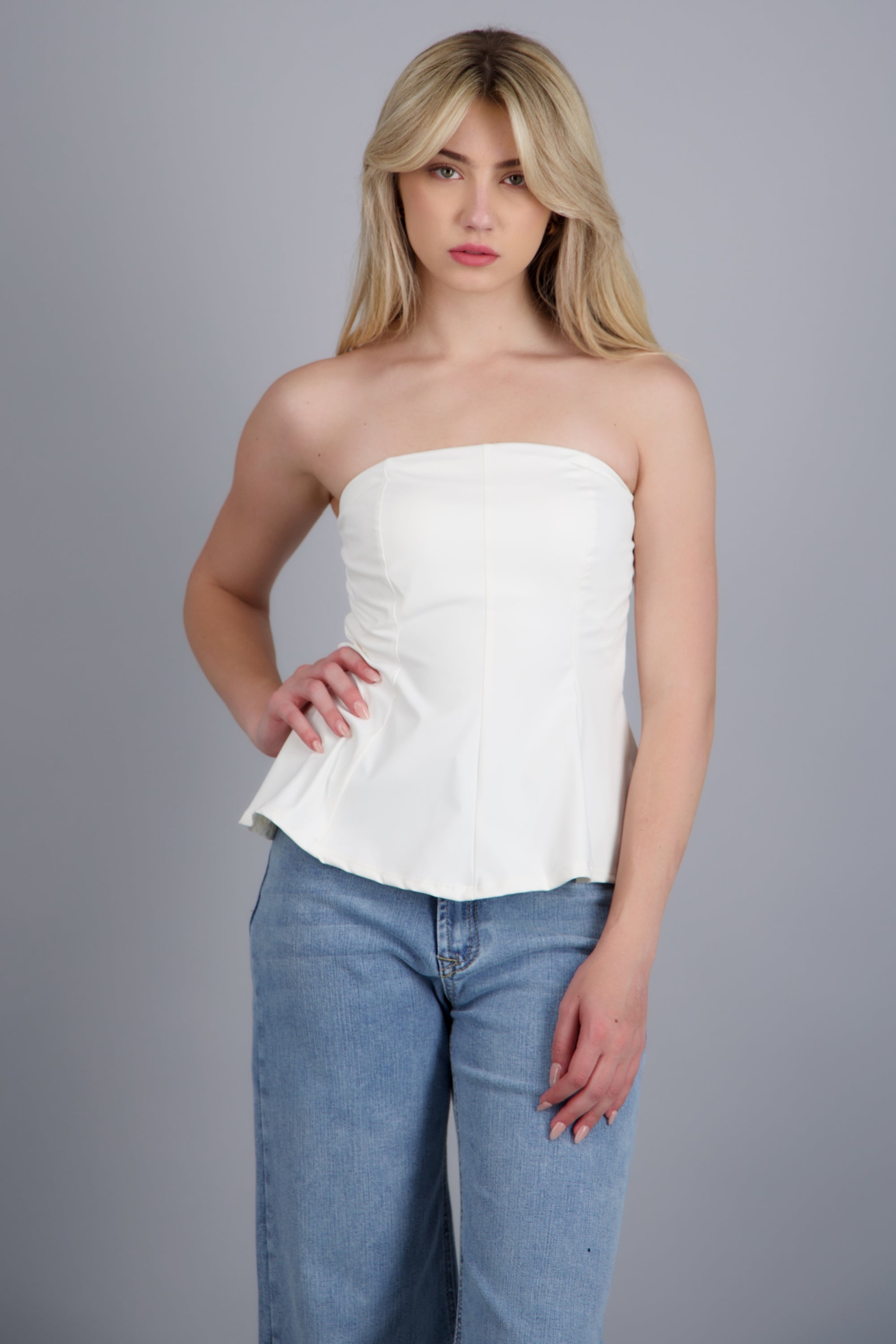 Top strapless peplum BLANCO