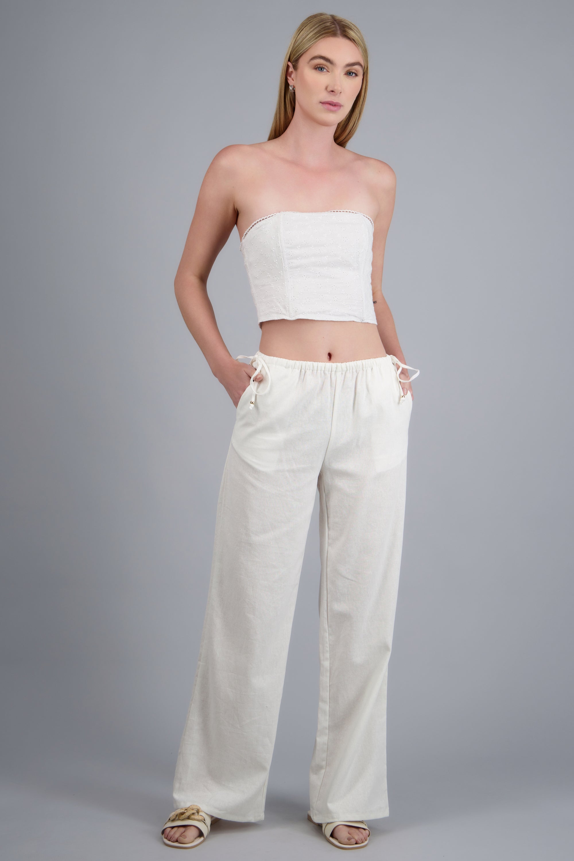 Pantalón lino detalle moños BLANCO