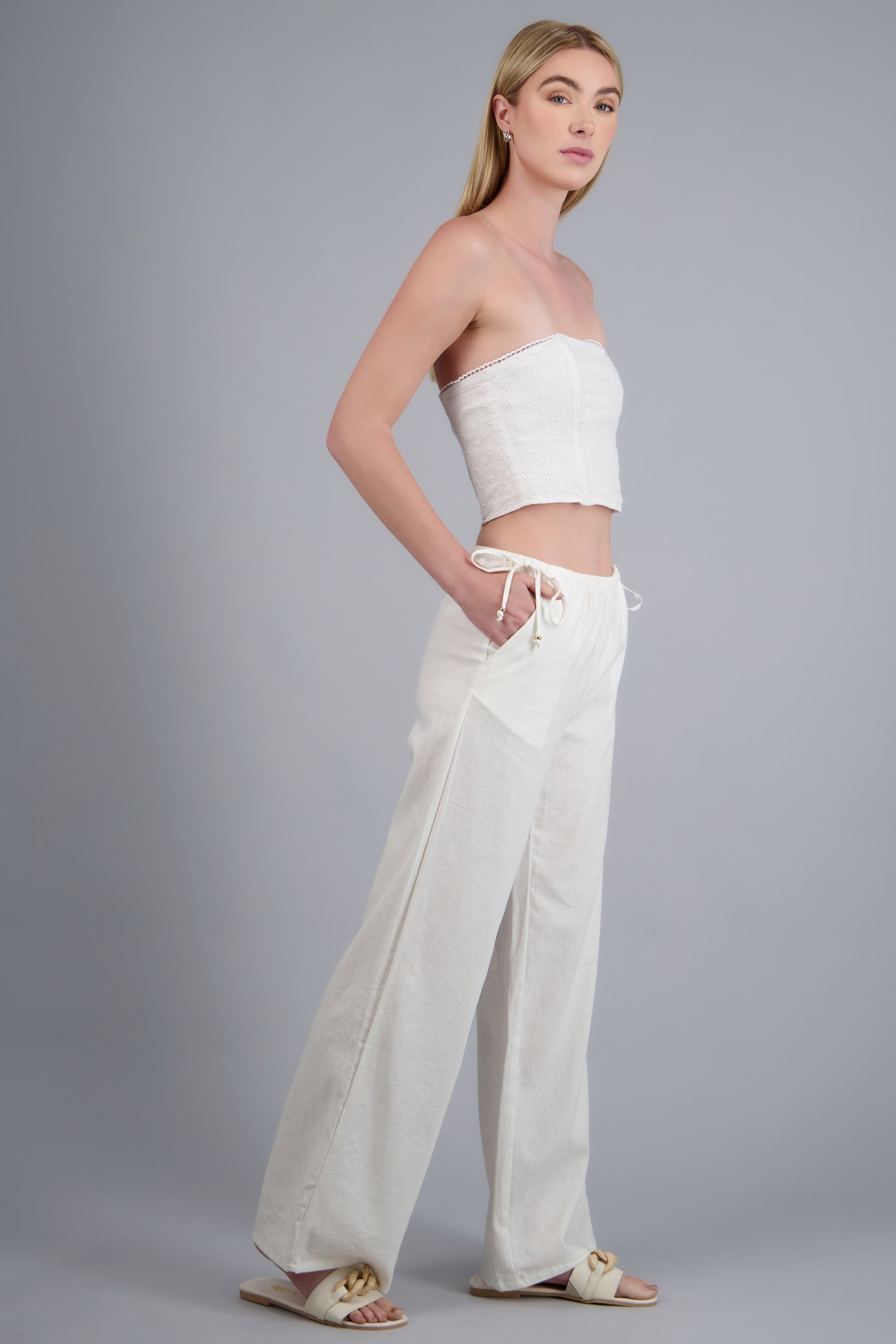 Pantalón lino detalle moños BLANCO