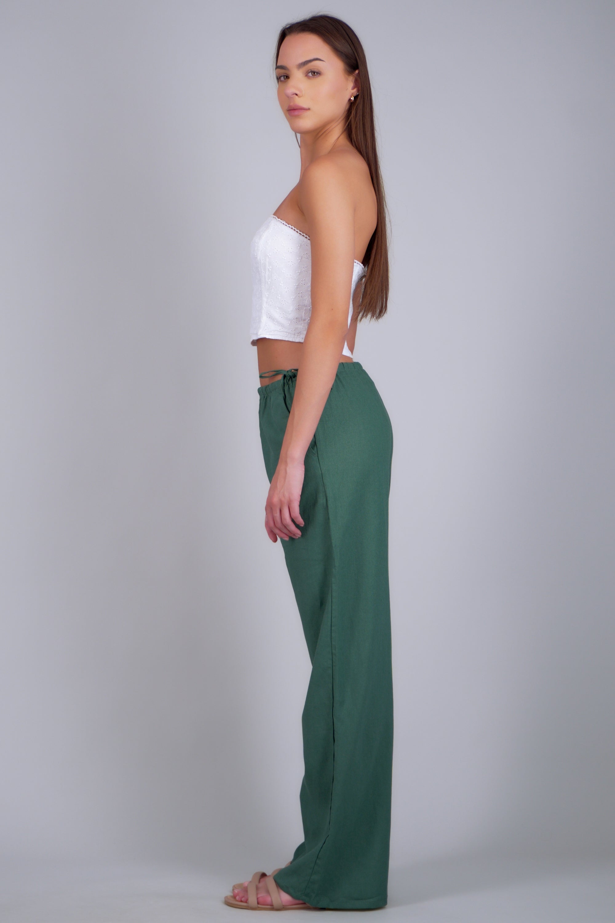Pantalón lino detalle moños VERDE BOTELLA
