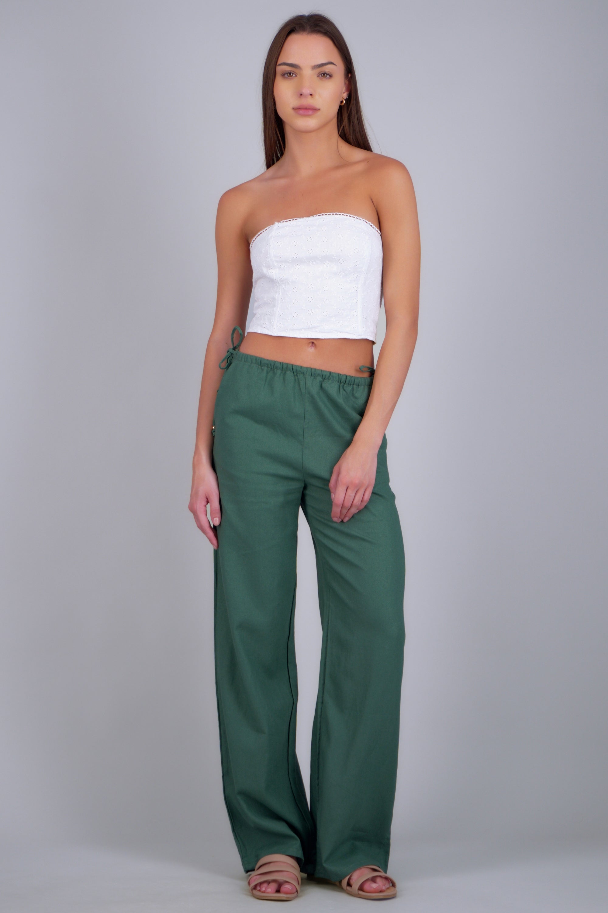 Pantalón lino detalle moños VERDE BOTELLA