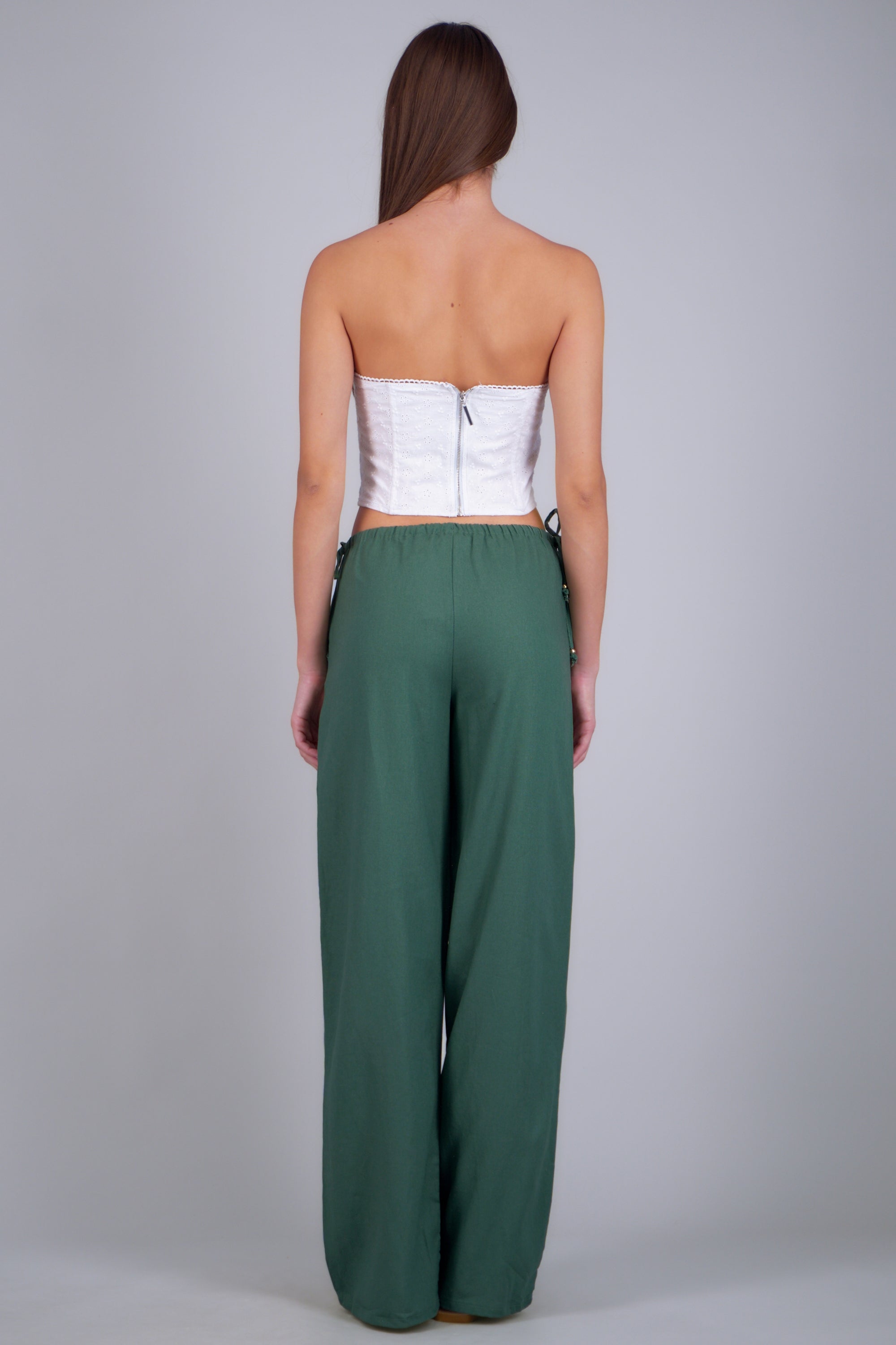 Pantalón lino detalle moños VERDE BOTELLA