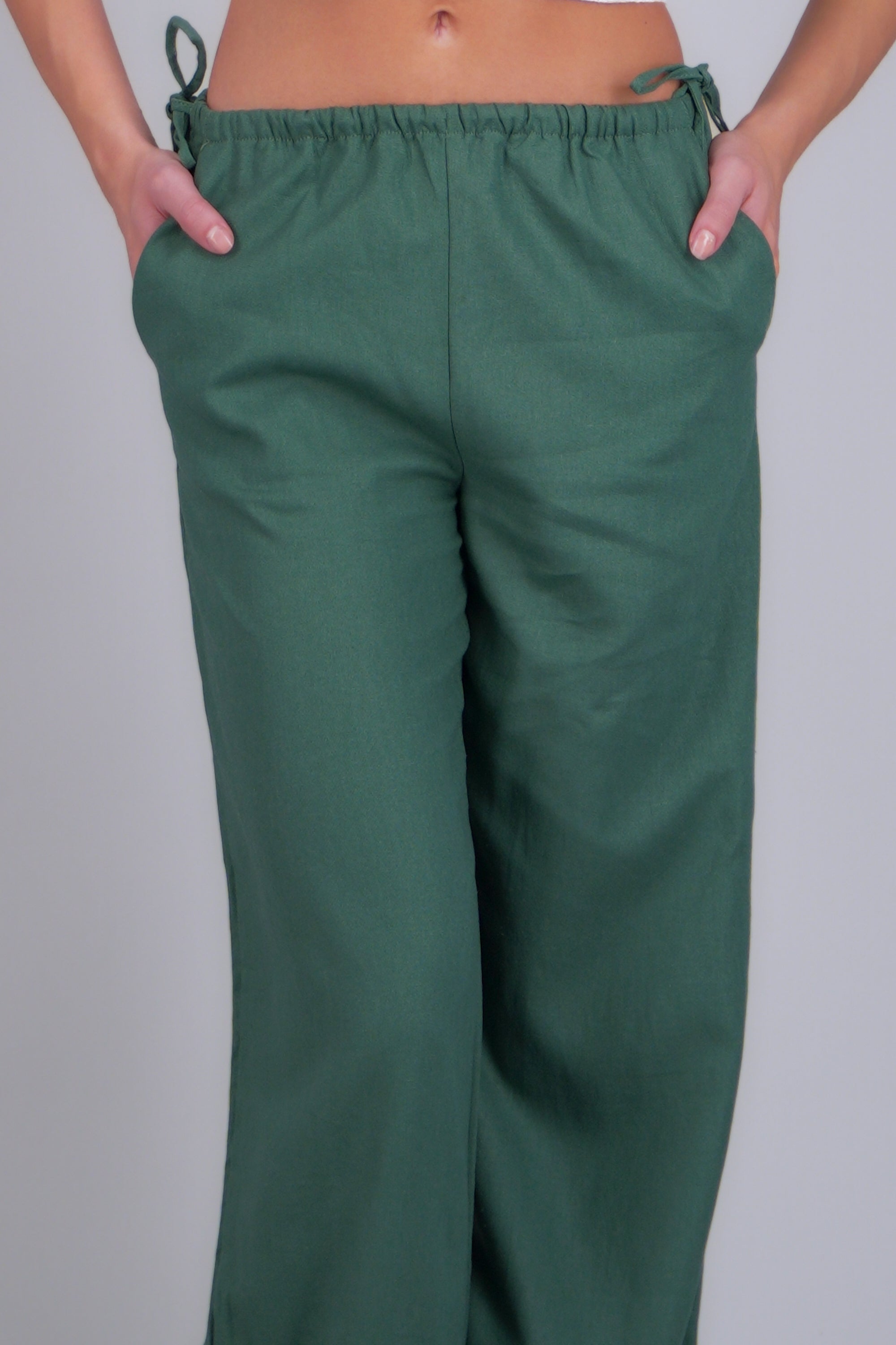 Pantalón lino detalle moños VERDE BOTELLA