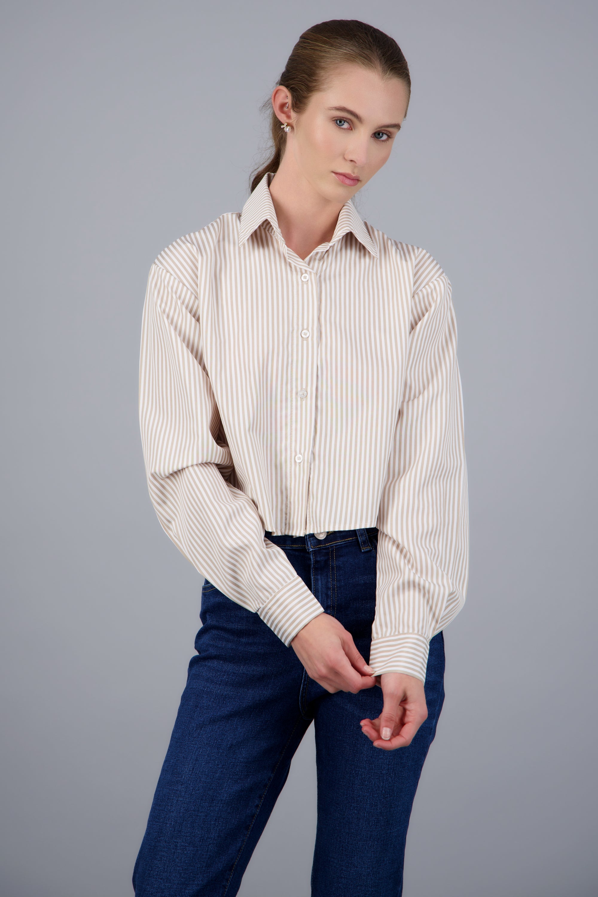 Camisa crop manga larga rayas CAFE COMBO