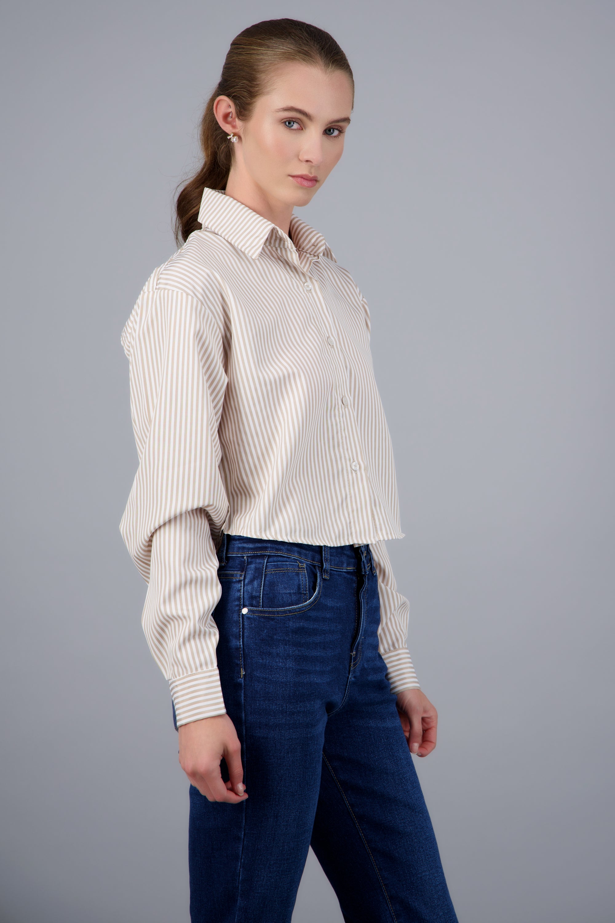 Camisa crop manga larga rayas CAFE COMBO