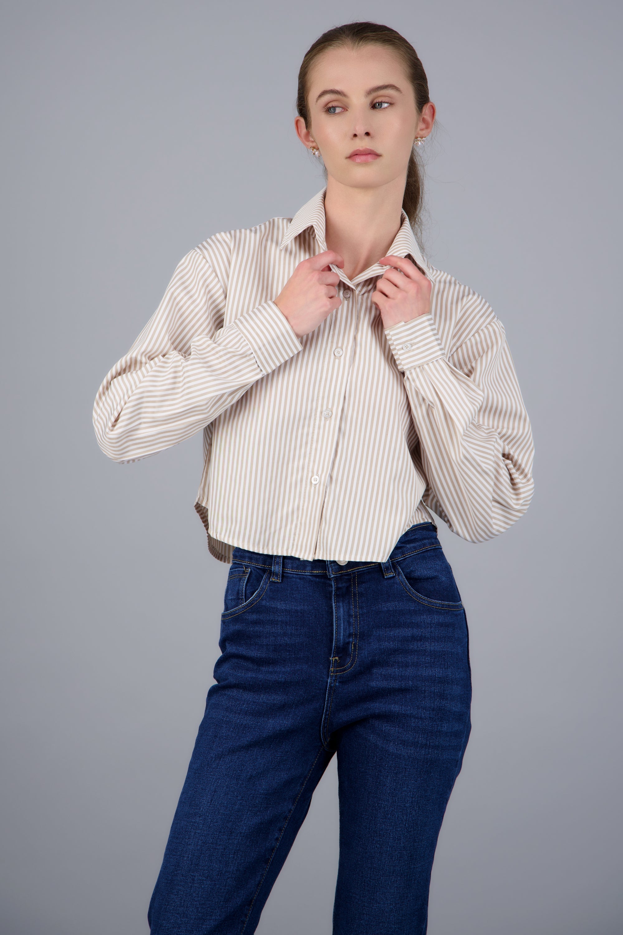 Camisa crop manga larga rayas CAFE COMBO