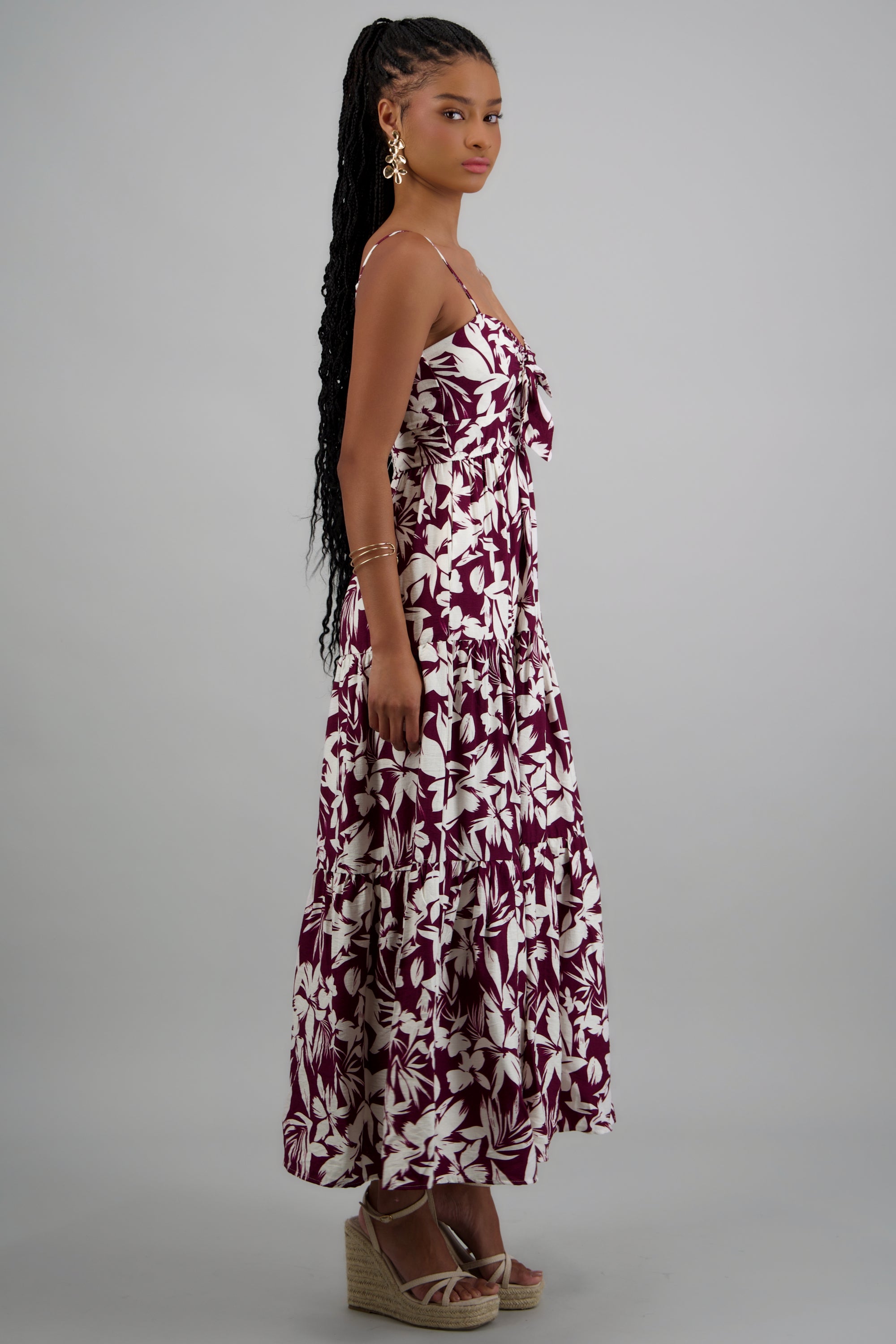 VESTIDO MAXI ESTAMPADO TROPICAL CIRUELA