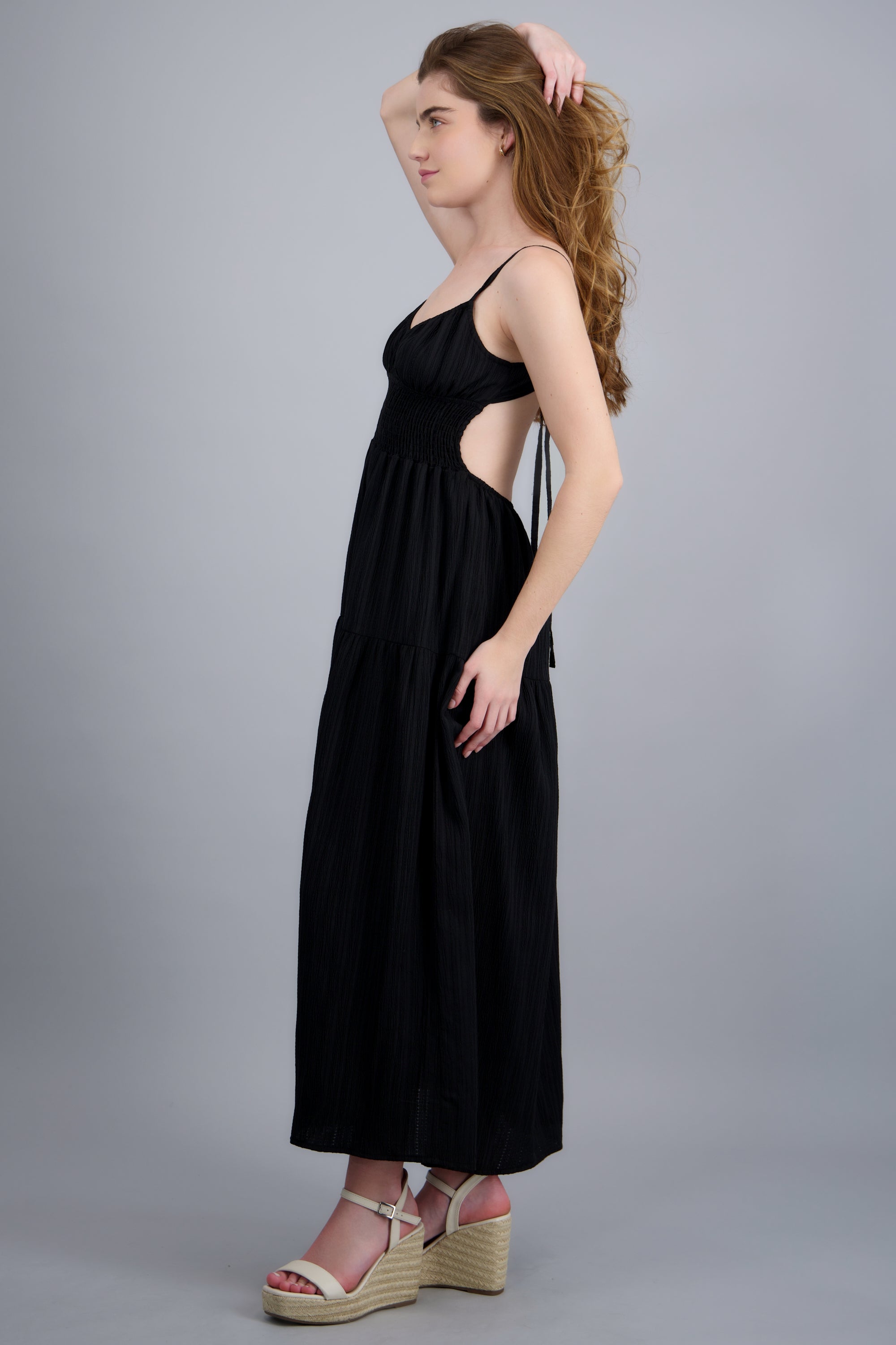 Vestido maxi textura smock cintura NEGRO
