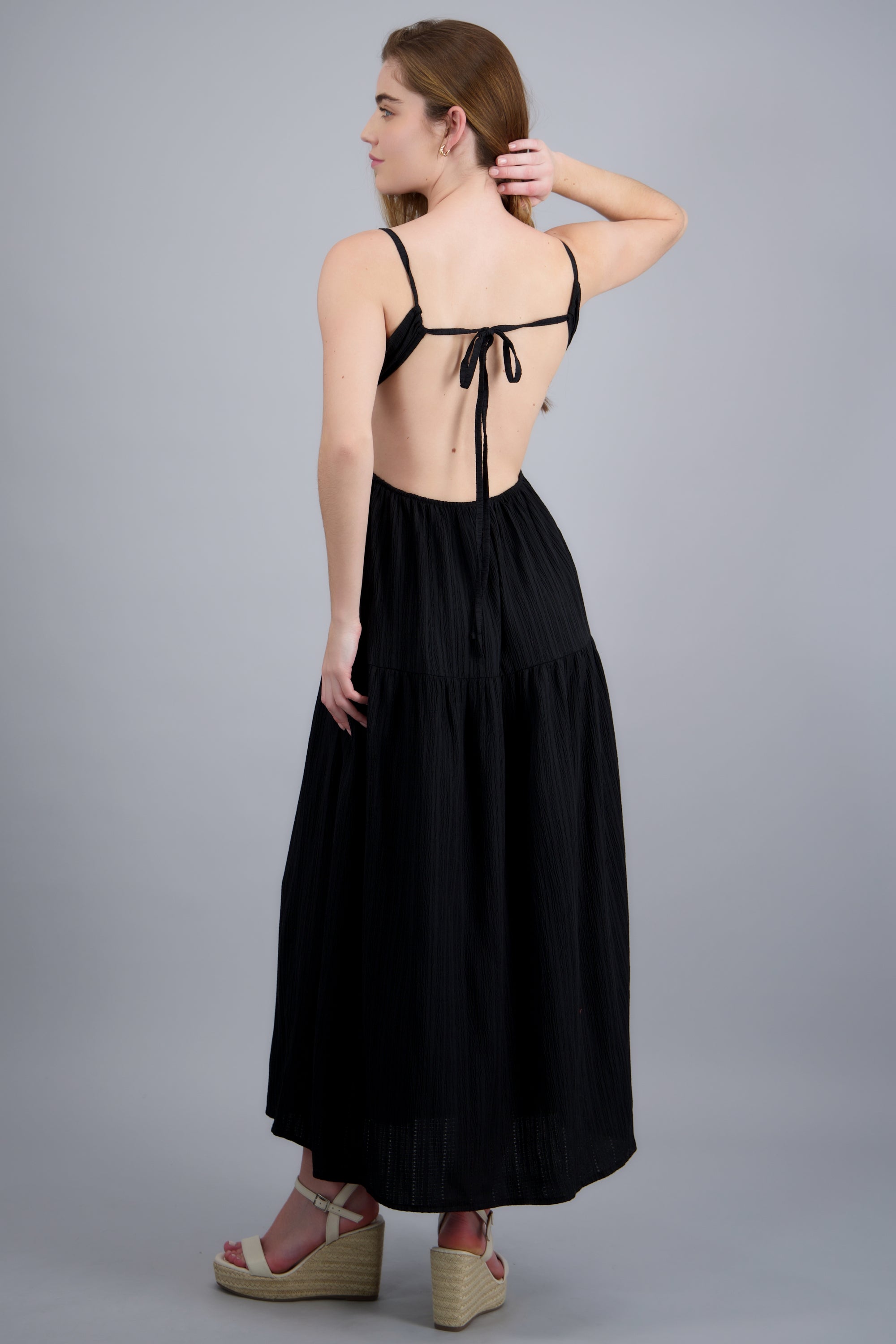 Vestido maxi textura smock cintura NEGRO