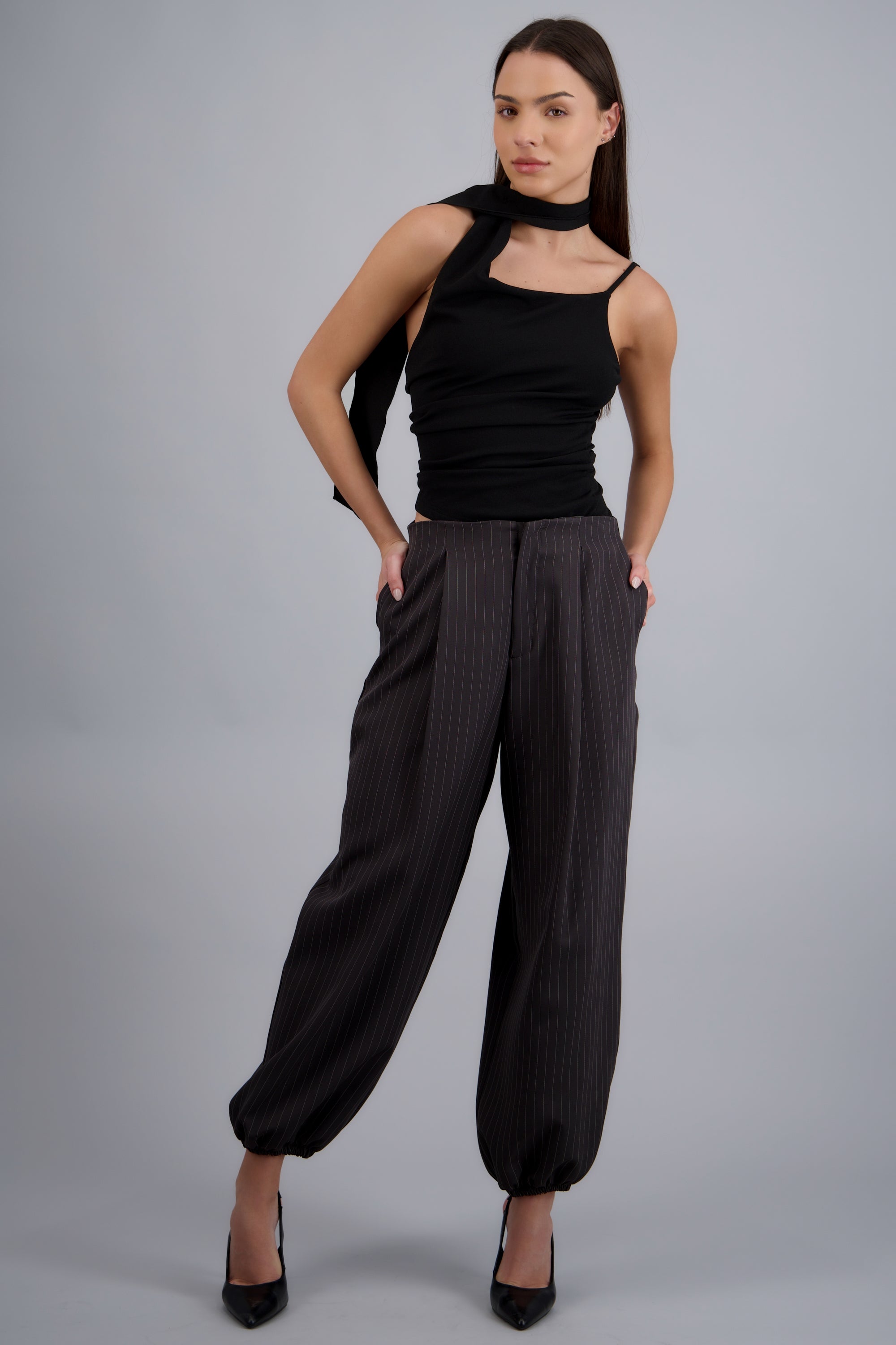 Pantalon balloon estampado rayas GRIS COMBO