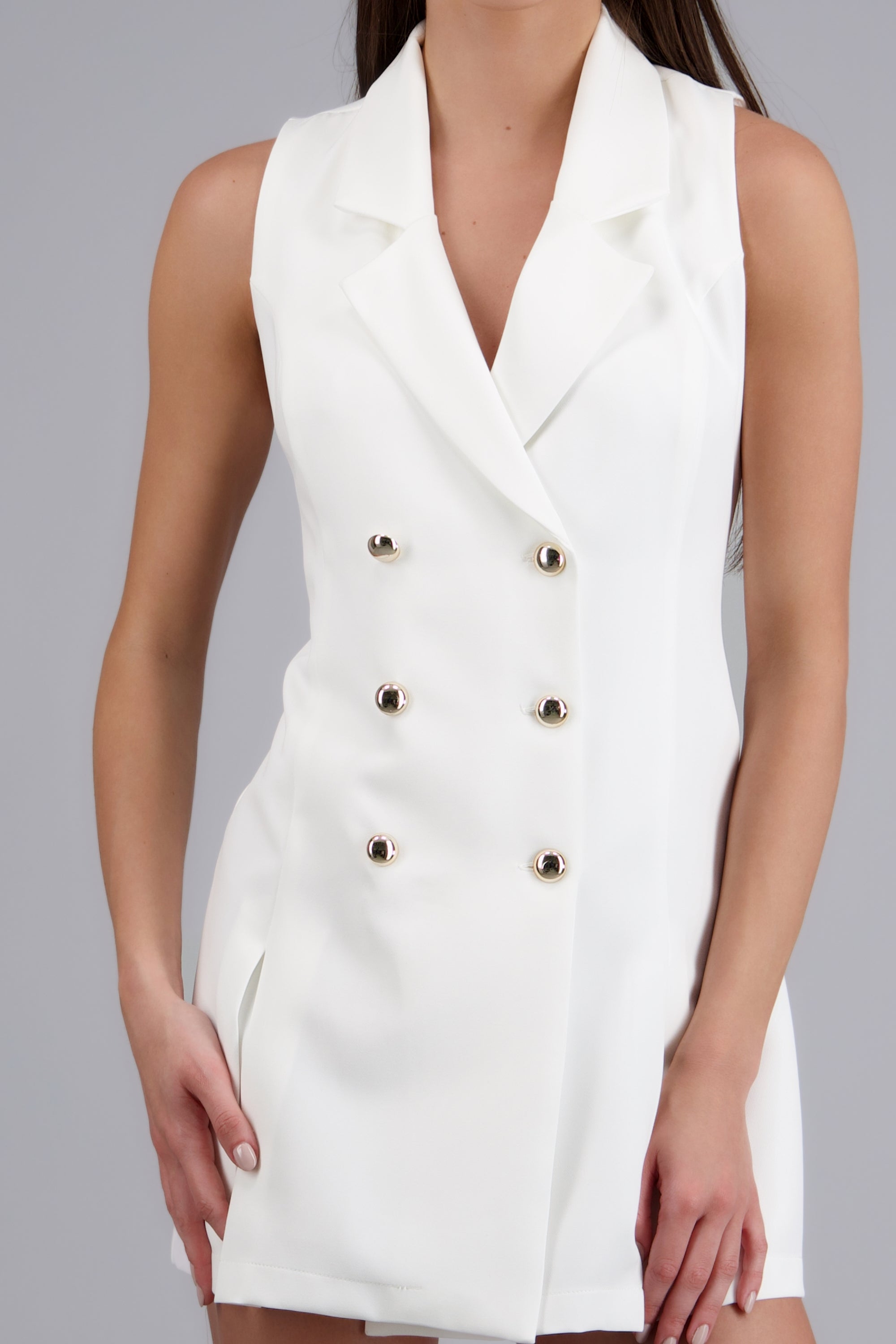 Vestido blazer tableado con botones BLANCO