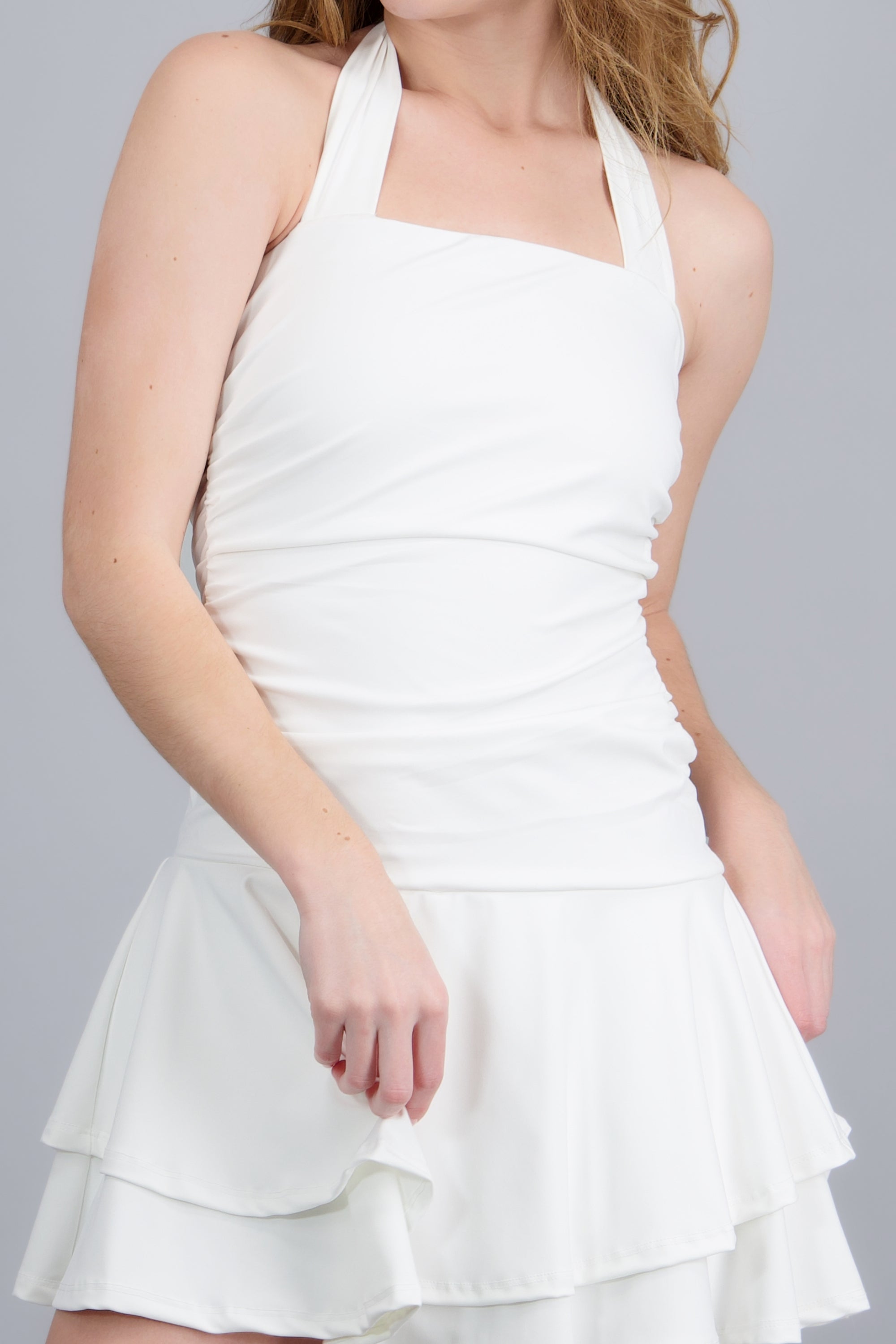 Vestido mini strapless halter BLANCO