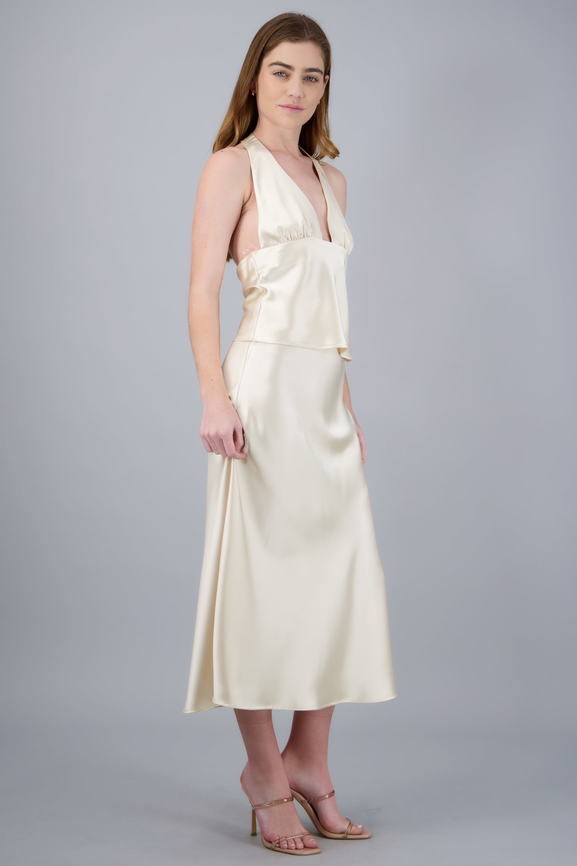 Falda midi satinada lisa CREMA